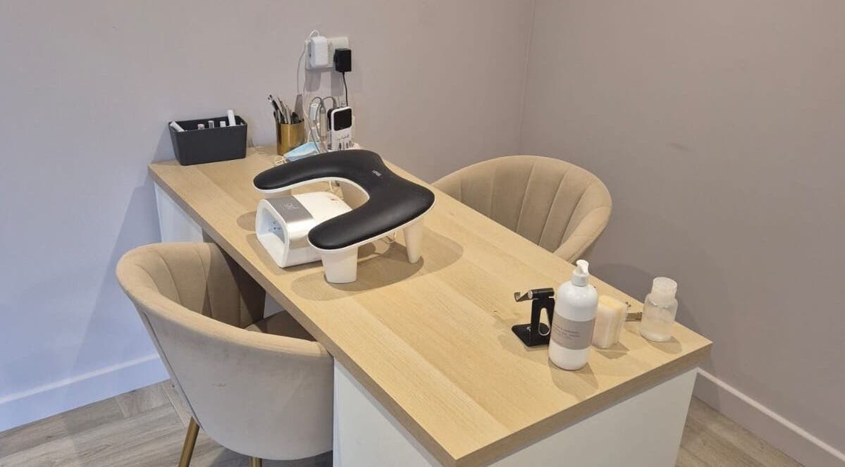 Manicure station at By Kelsx, Langley, England, GB. Modern design with comfortable seating.