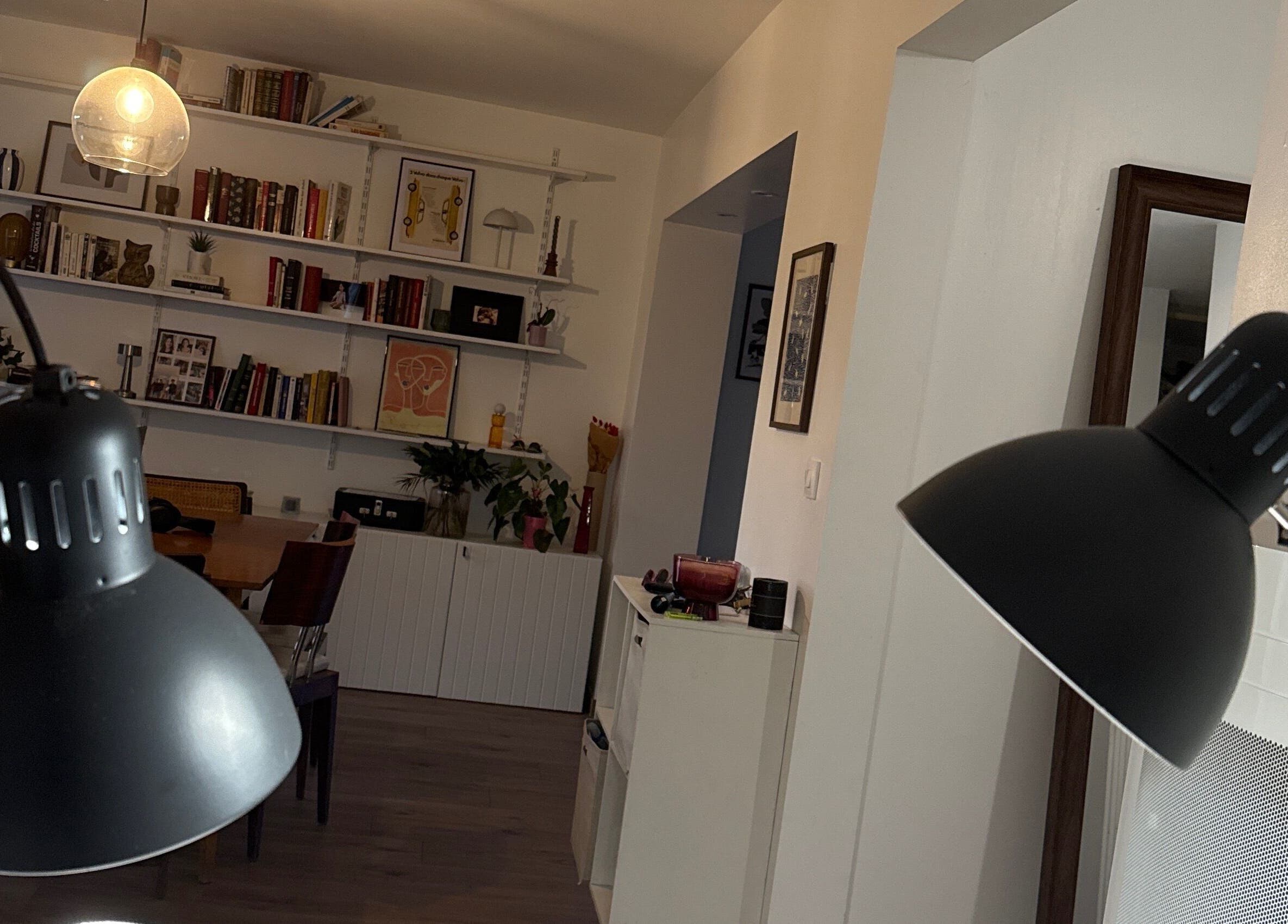 Coin de lecture chez Bizznails, Ambérieu-en-Bugey, Auvergne-Rhône-Alpes, FR avec étagères et lumières.