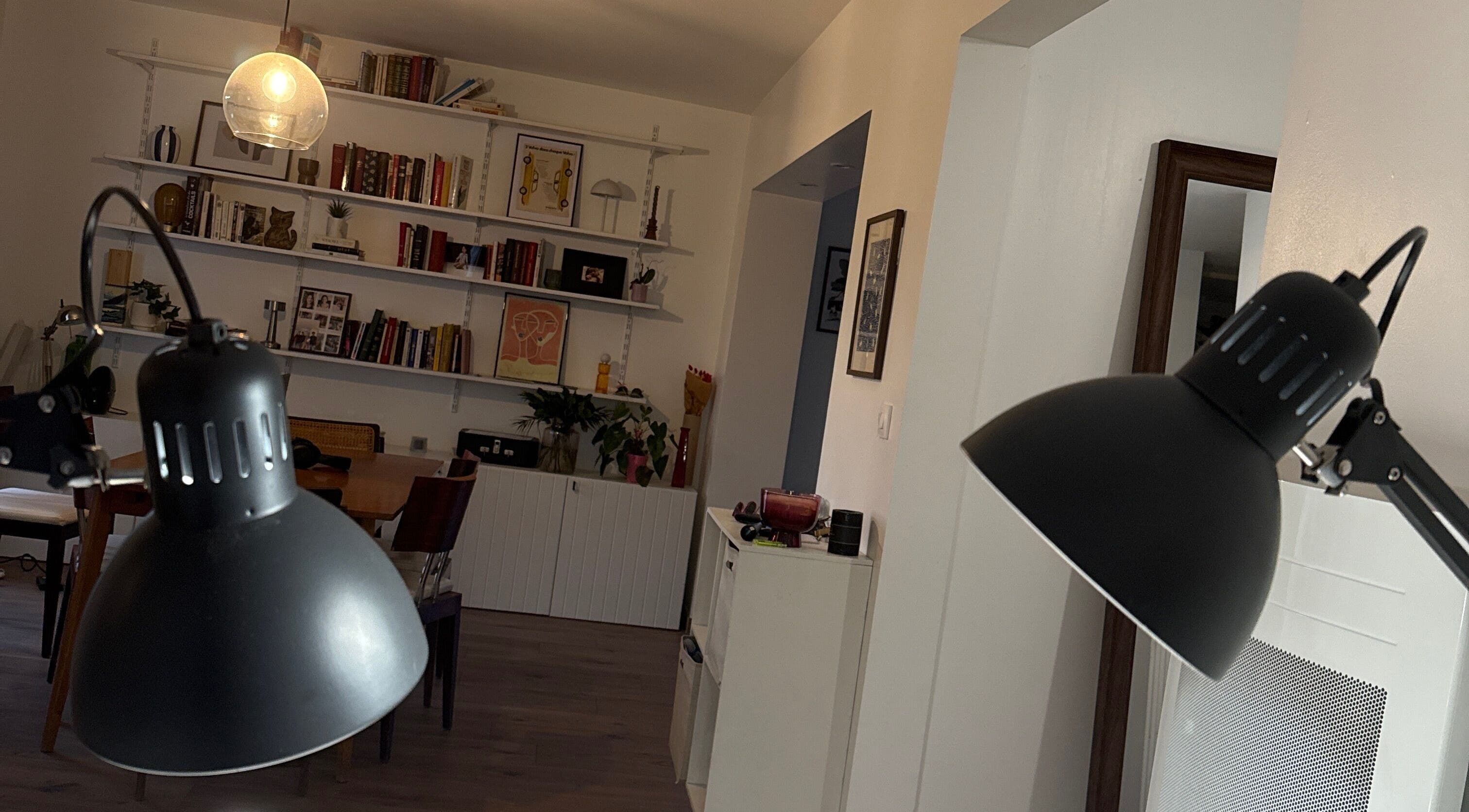 Coin de lecture chez Bizznails, Ambérieu-en-Bugey, Auvergne-Rhône-Alpes, FR avec étagères et lumières.