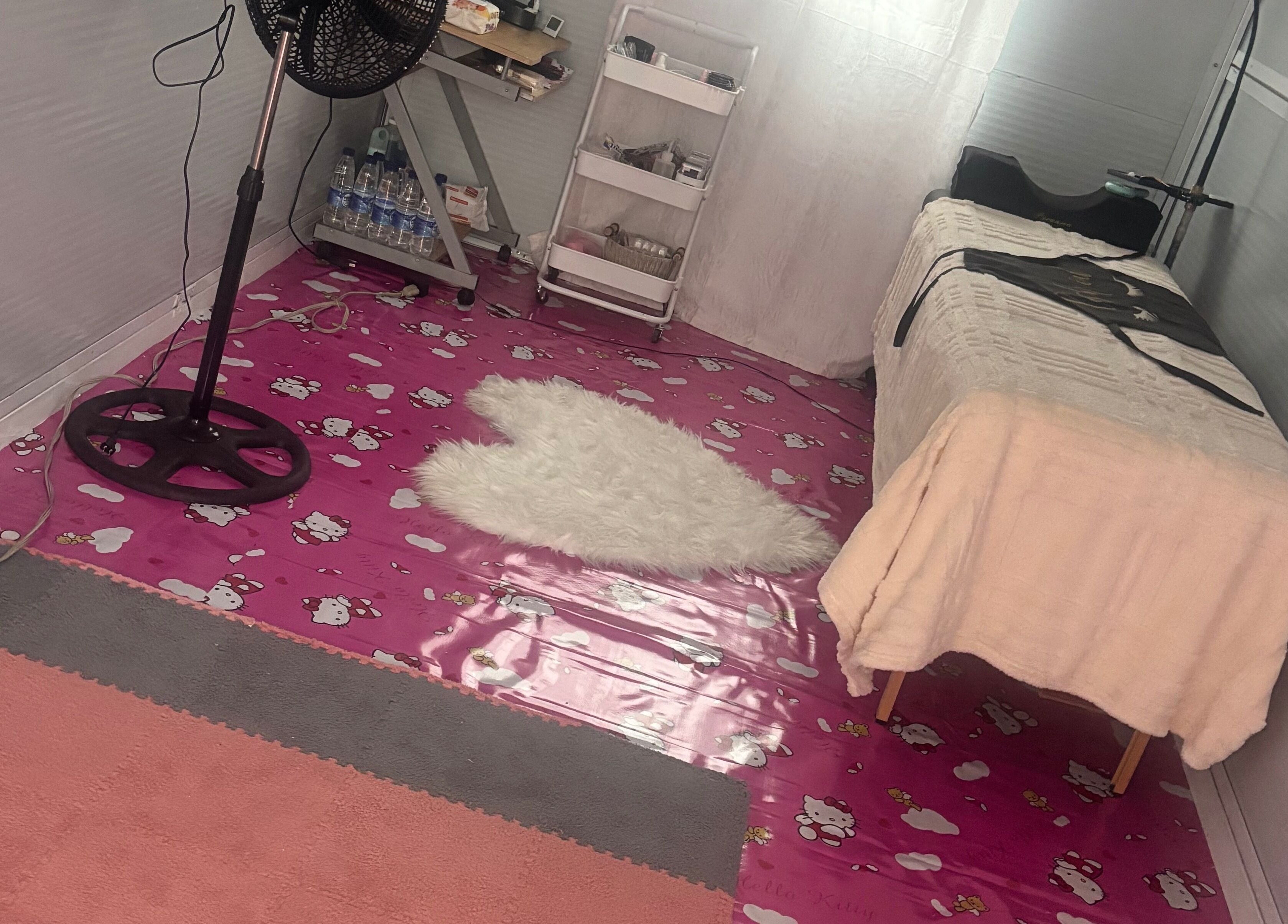 The Beauty Lab GY offers a cozy spa room in Diamond, GY with a plush treatment table and pink decor.