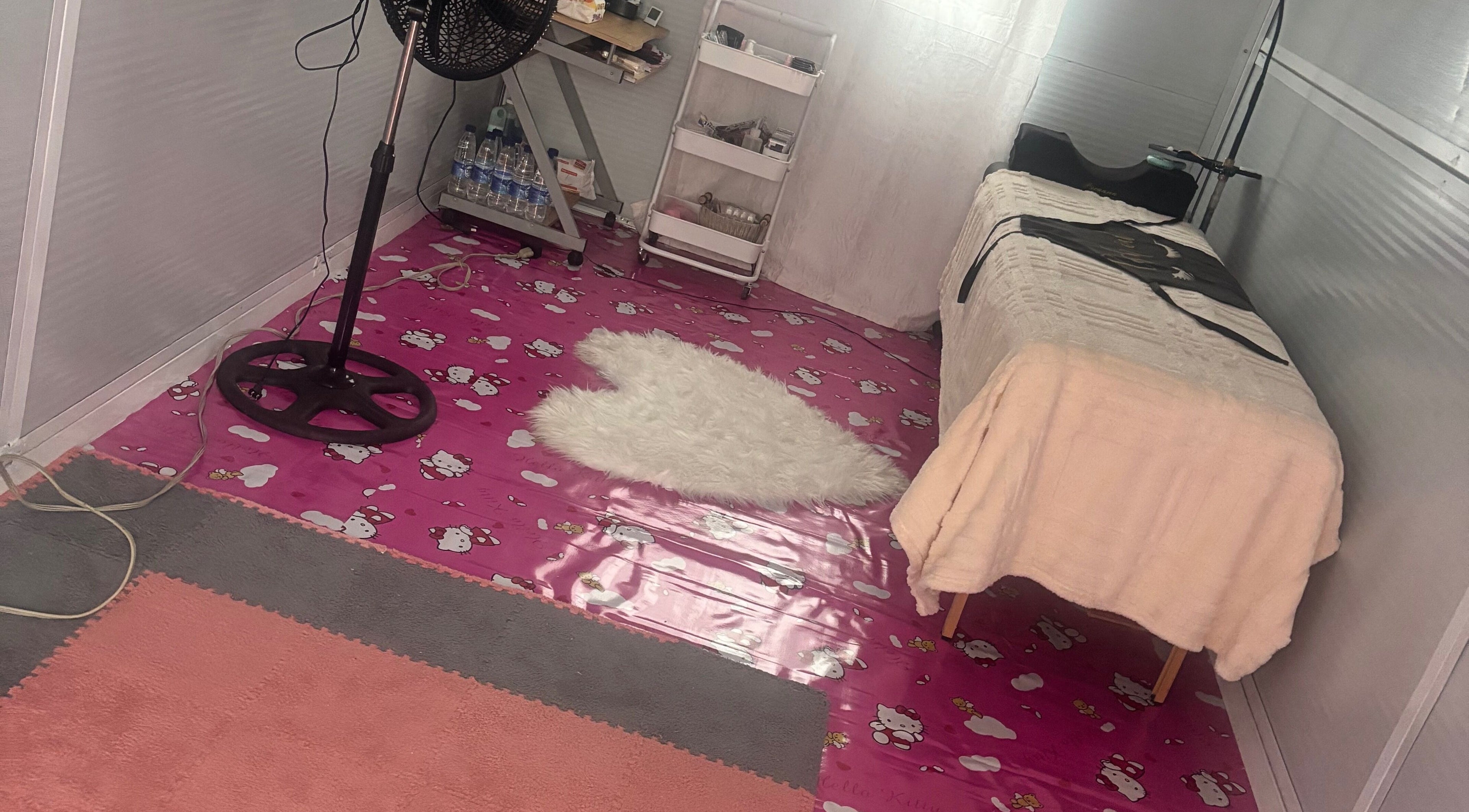 The Beauty Lab GY offers a cozy spa room in Diamond, GY with a plush treatment table and pink decor.