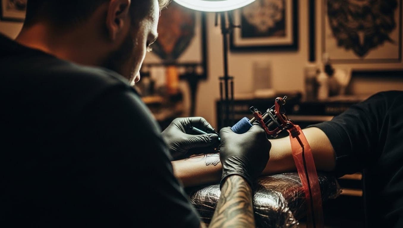 Tattoo artist at work in BrunoTattoos studio, Austin, Texas, US, creating detailed designs.
