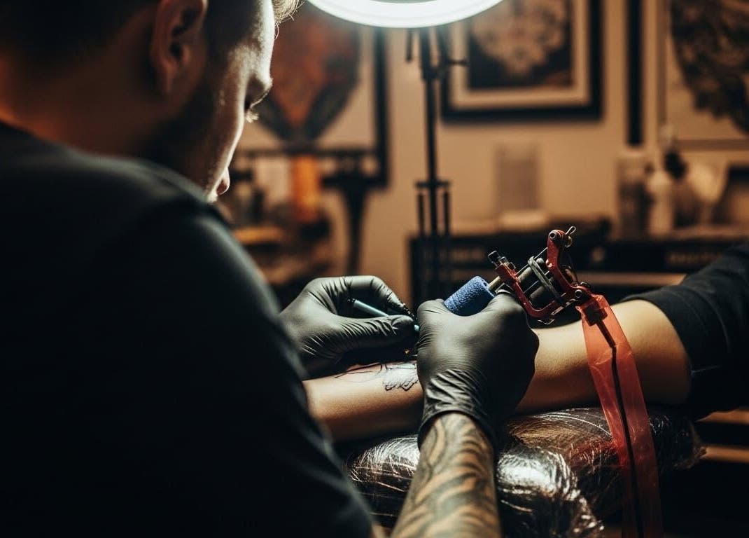 Tattoo artist at work in BrunoTattoos studio, Austin, Texas, US, creating detailed designs.