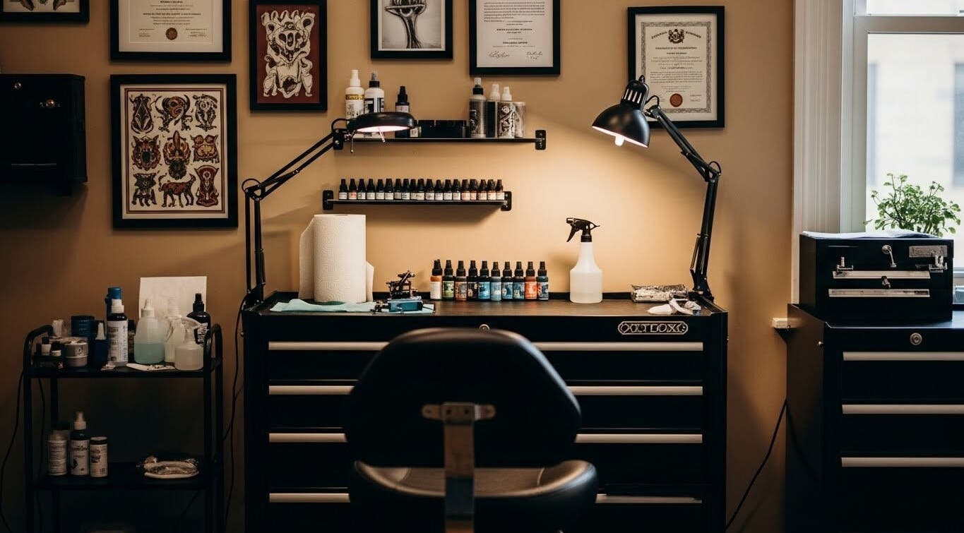 Tattoo station at BrunoTattoos, Austin, Texas, US, showcasing tools and ink bottles with framed art.