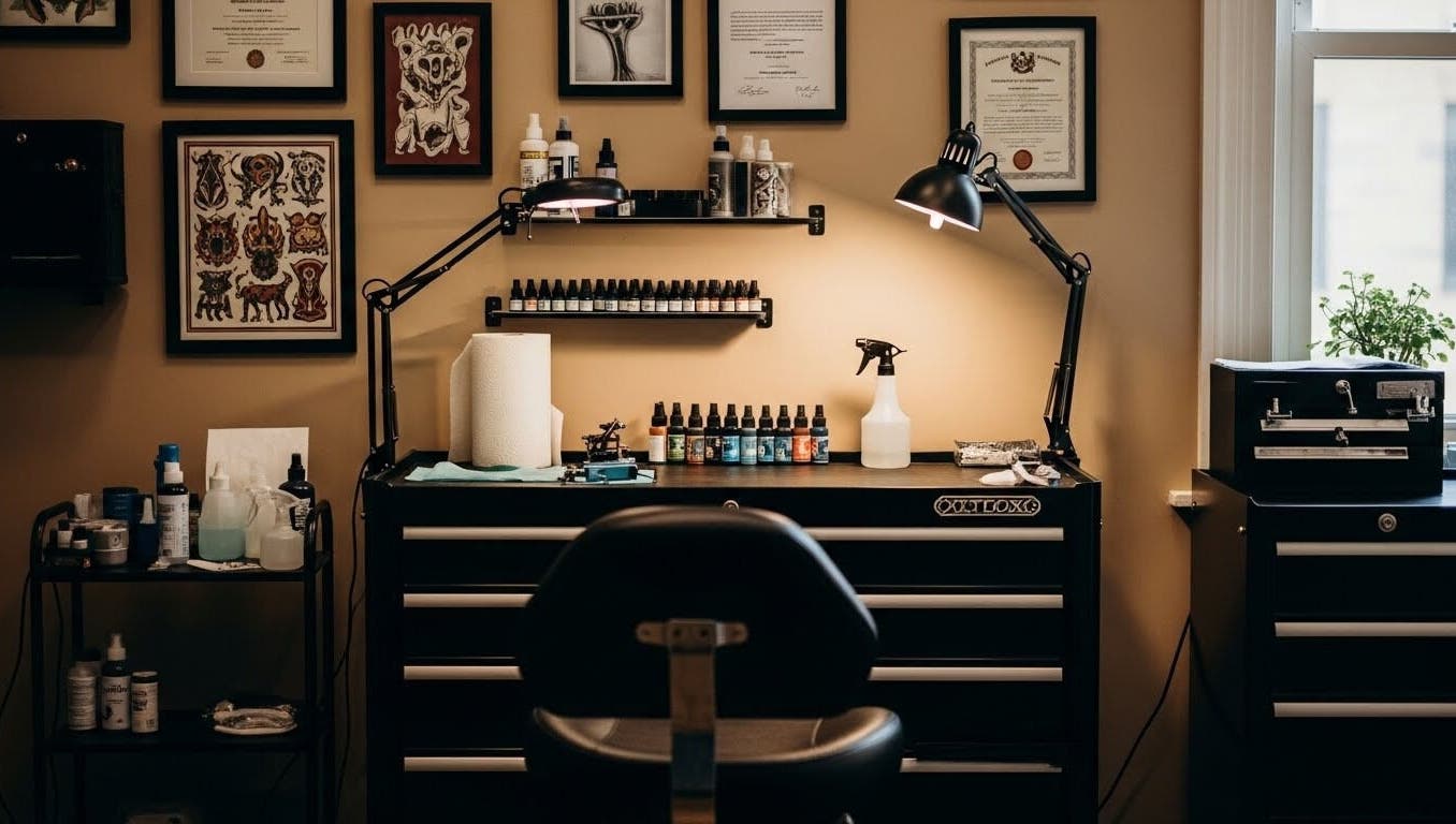 Interior of BrunoTattoos showcasing tattoo station and equipment in Austin, Texas, US.