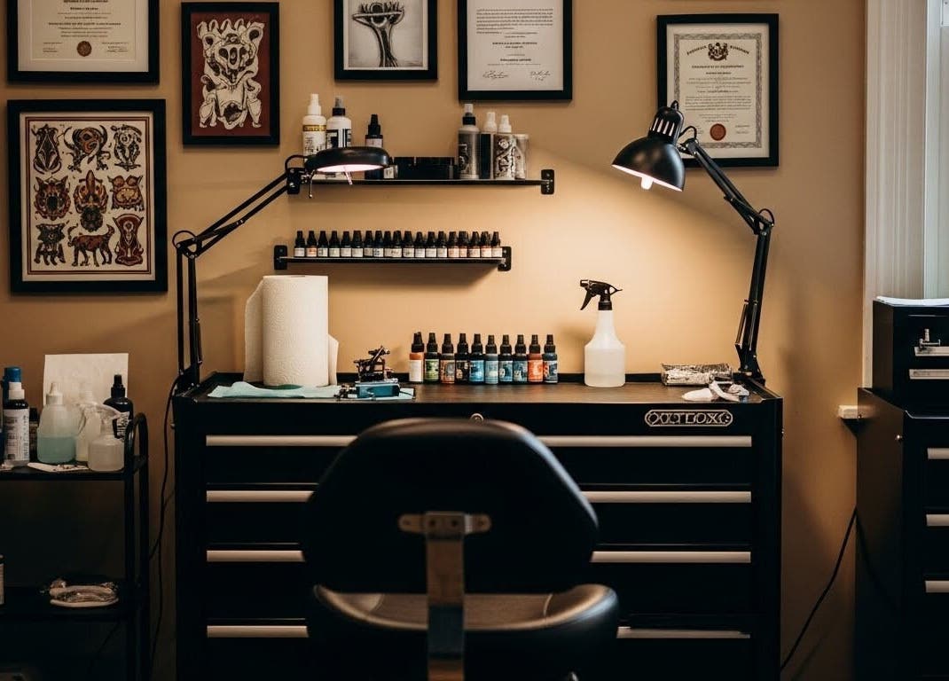 Interior of BrunoTattoos showcasing tattoo station and equipment in Austin, Texas, US.