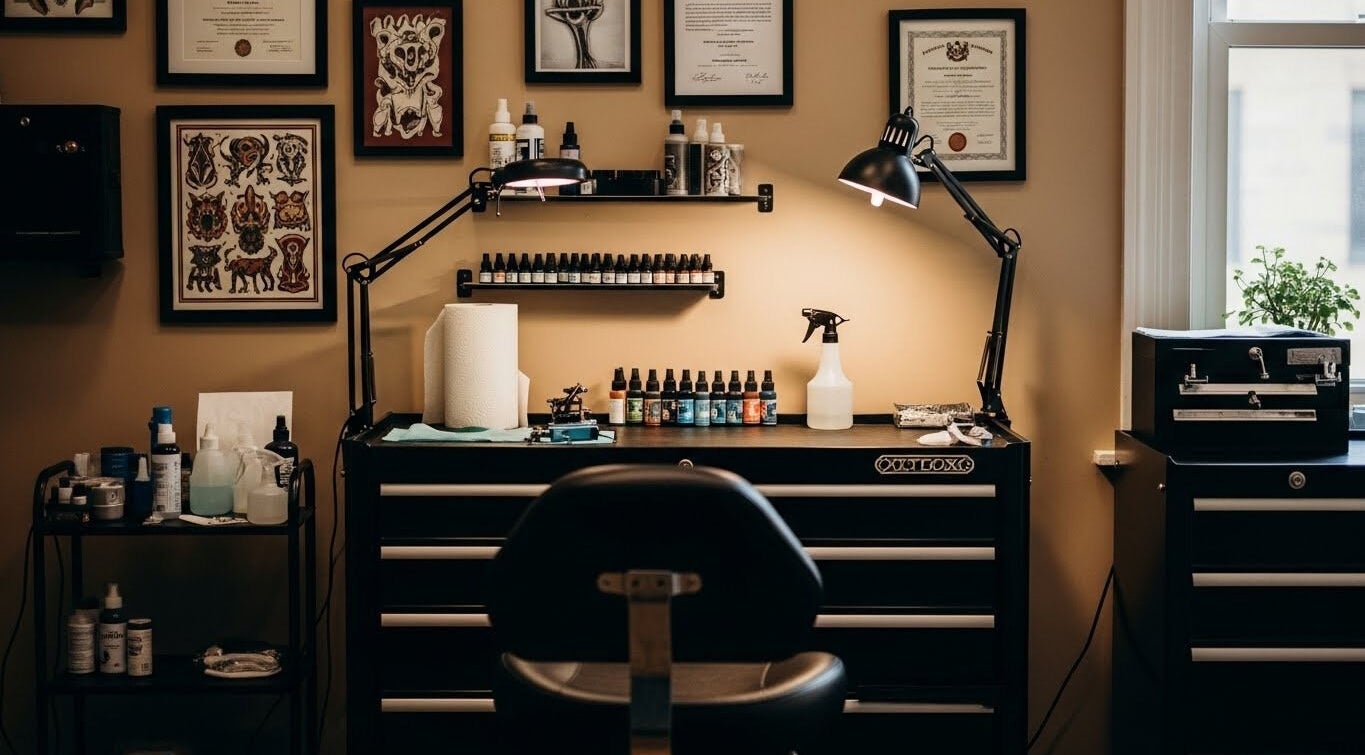 Interior of BrunoTattoos showcasing tattoo station and equipment in Austin, Texas, US.