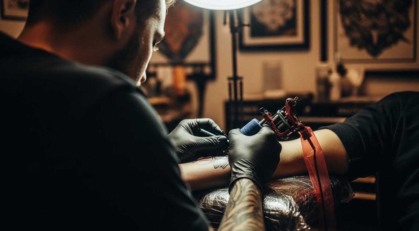 Tattoo artist working at BrunoTattoos, Austin, Texas, US creating a detailed arm tattoo design.