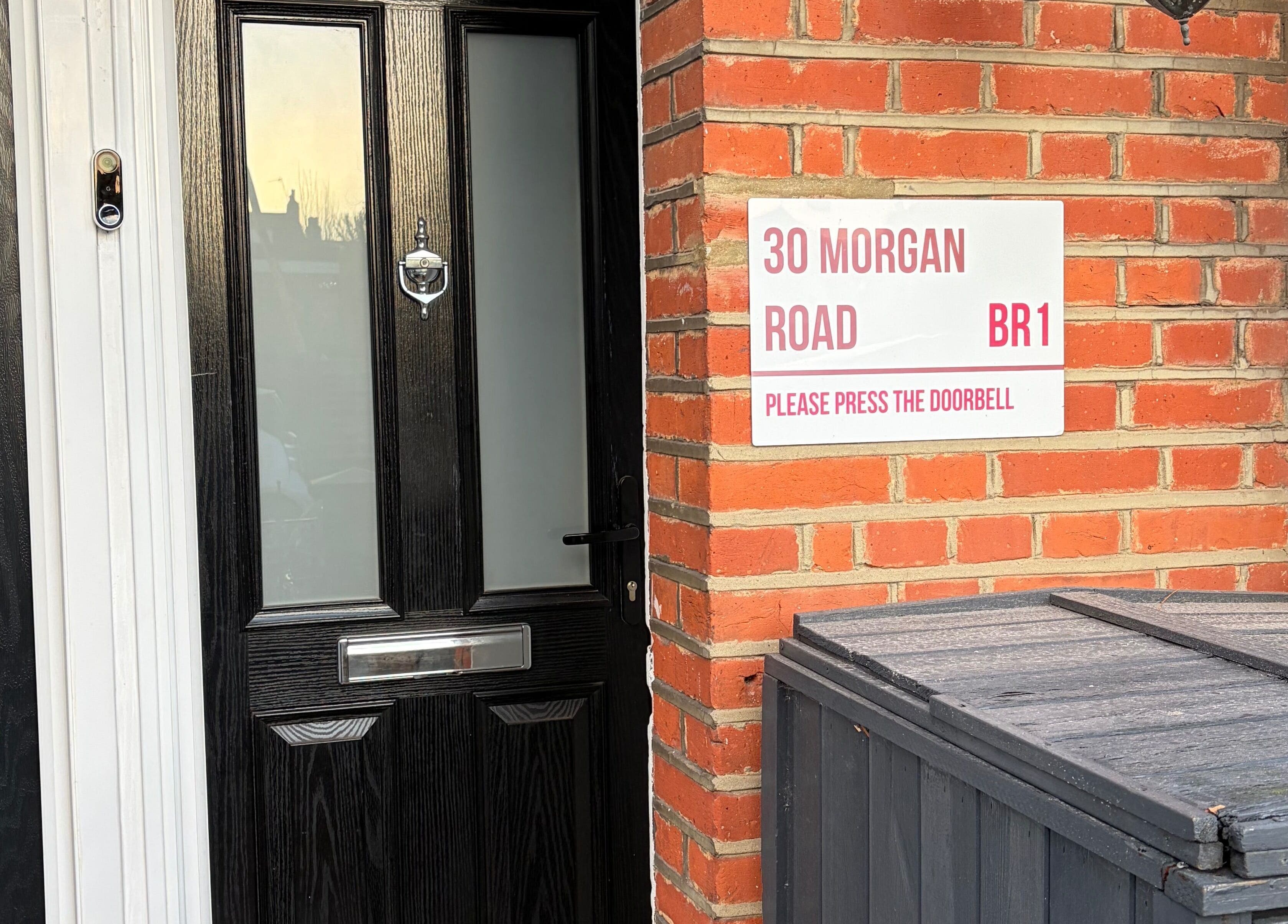 Entrance of Anna Mason Massage Therapy with address sign at Bromley, England, GB.