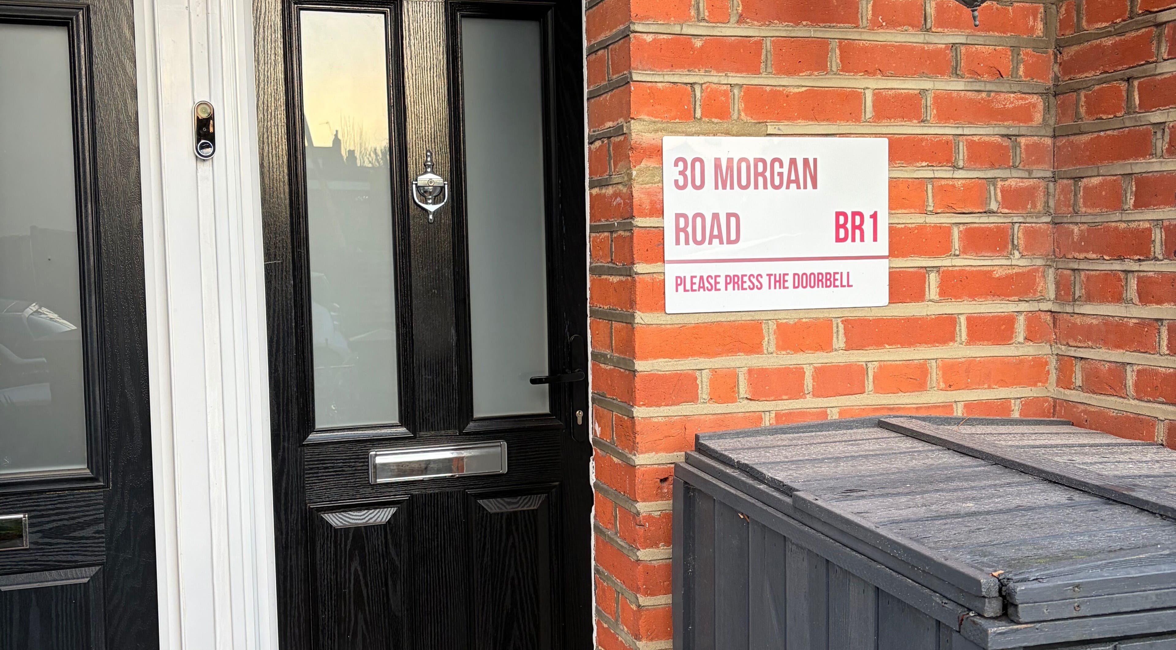 Entrance of Anna Mason Massage Therapy with address sign at Bromley, England, GB.