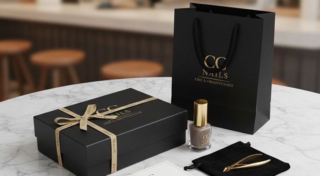 Elegante set de manicura de CC NAILS en Barcelona, Catalunya, ES con caja negra y esmalte.