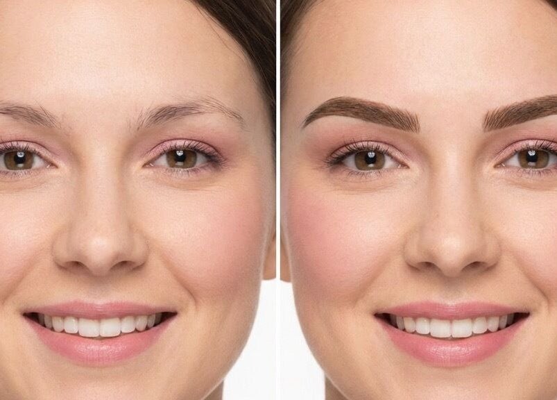 Before and after microblading at Microblading by Eli, Glendale, California, US showcasing enhanced eyebrows.