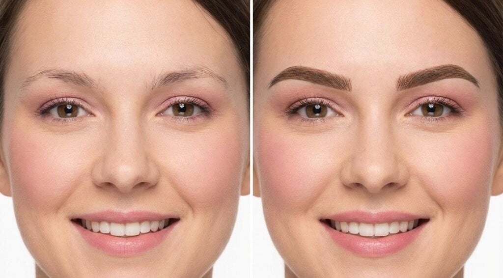 Before and after microblading at Microblading by Eli, Glendale, California, US showcasing enhanced eyebrows.