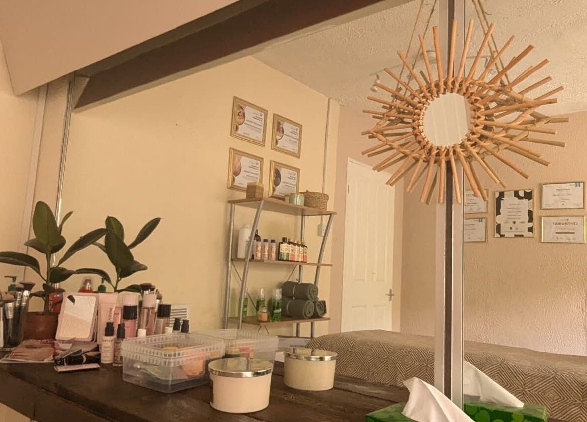 Lexa Massage Studio cozy interior with decor and products, Keynsham, England, GB.