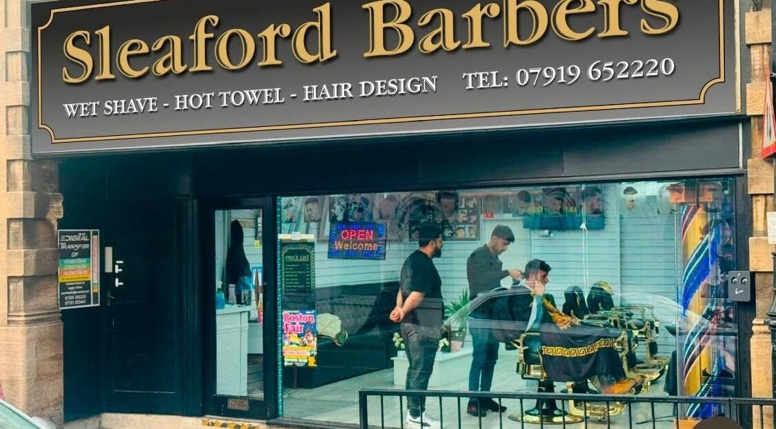Exterior view of Sleaford Barbers in London, England, GB showcasing its welcoming, stylish atmosphere.
