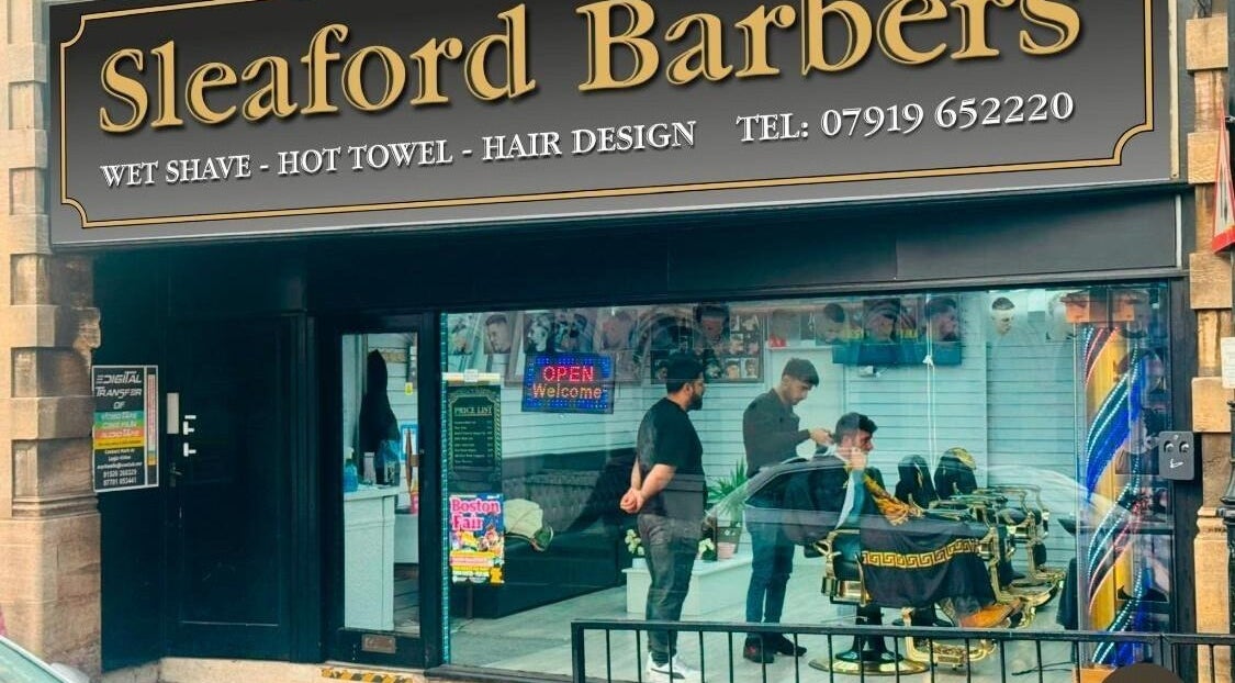Exterior view of Sleaford Barbers in London, England, GB showcasing its welcoming, stylish atmosphere.