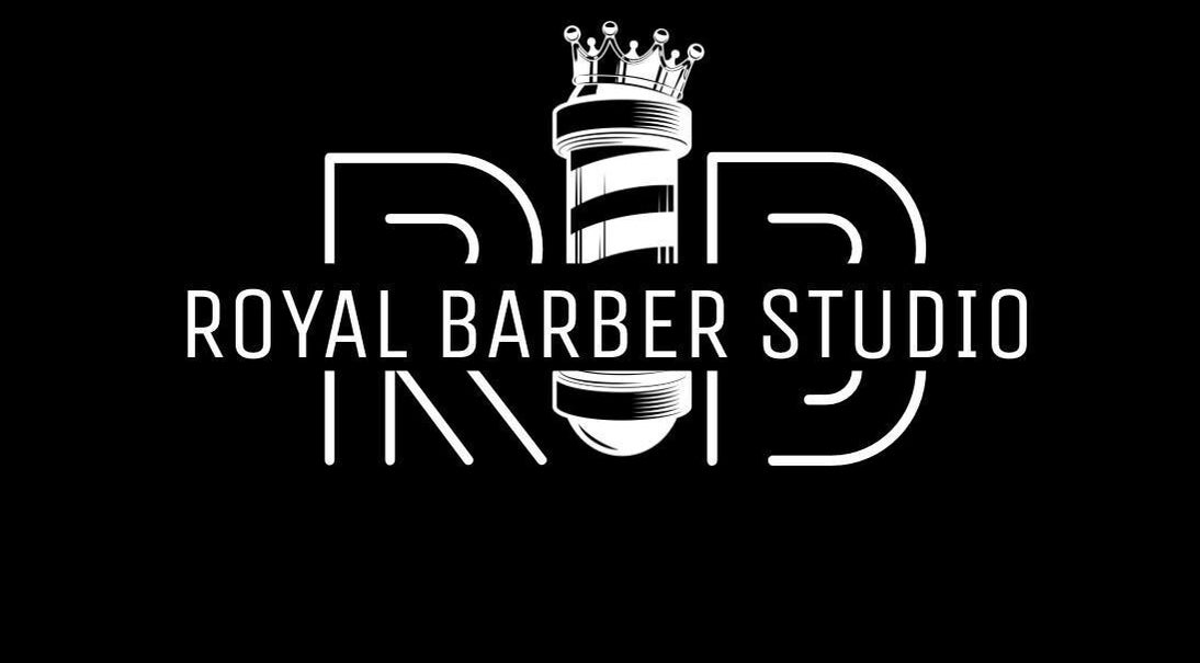 Logo elegante del Royal Barber Studio con corona, situato a Faenza, Emilia-romagna, IT.