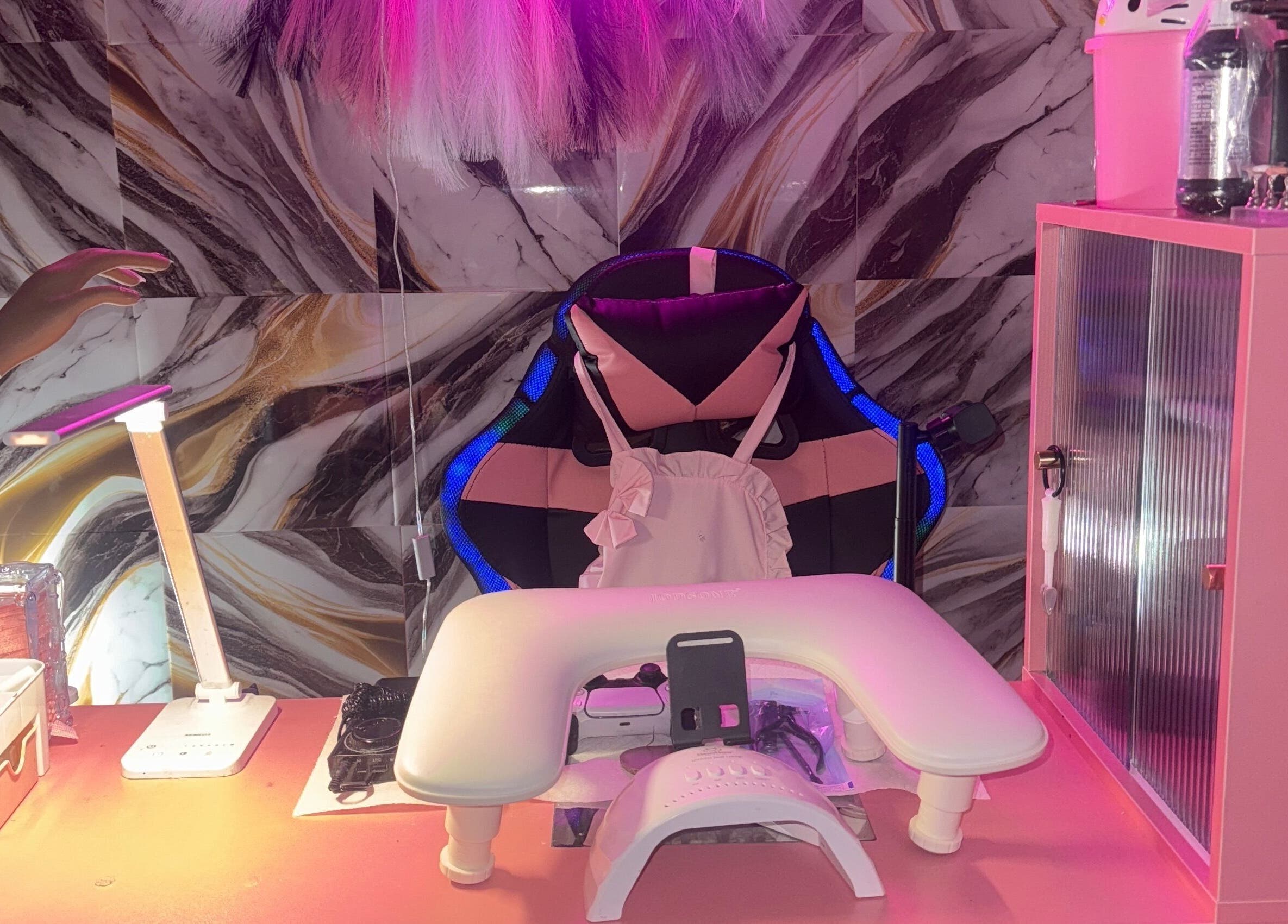 Modern nail station at FHNAILSTUDIO in Ottawa, Ontario, CA featuring elegant design and vibrant lighting.