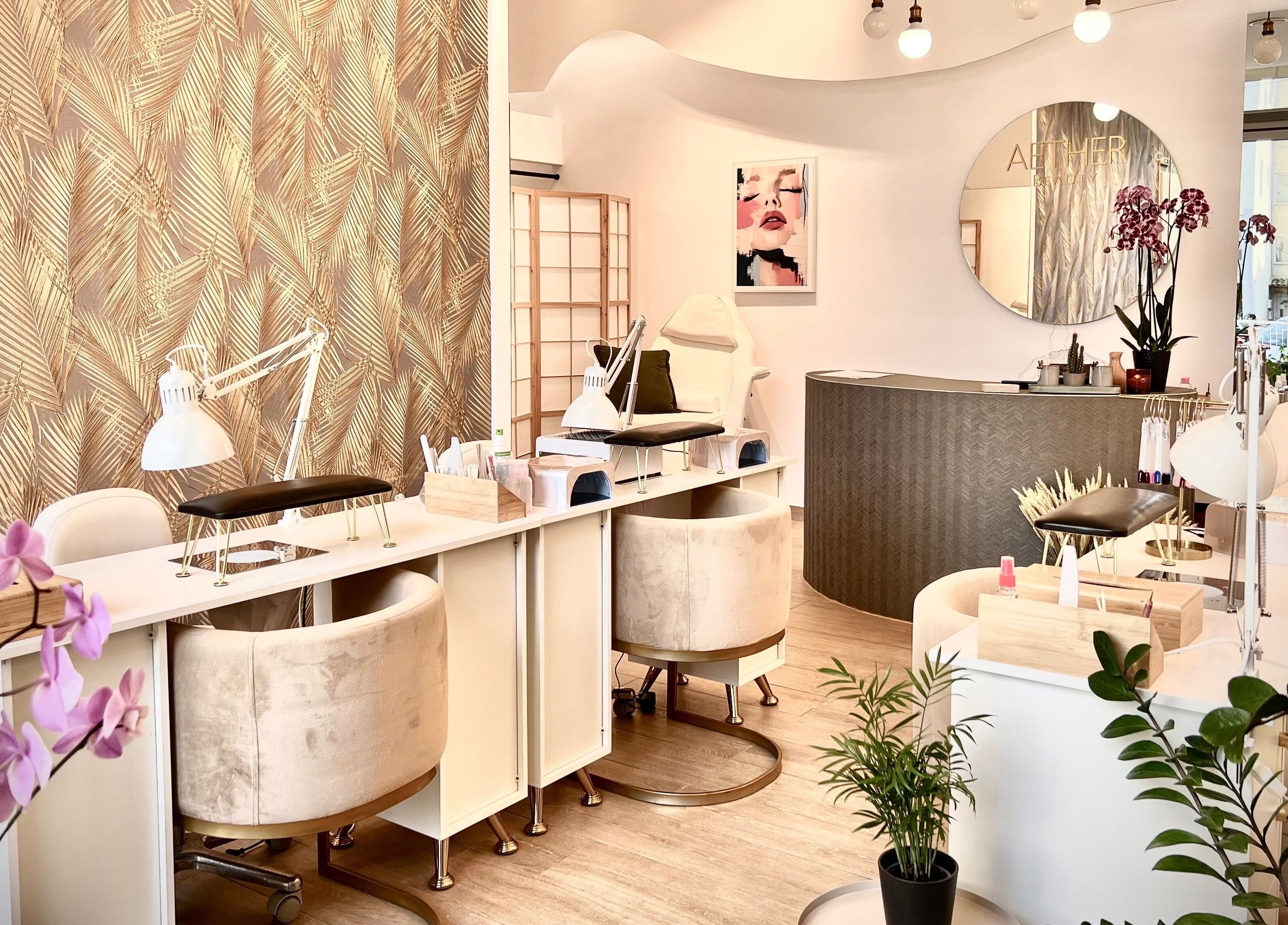 Chic interior of Aether beauty nails in Glifada, GR with stylish decor and serene ambiance.