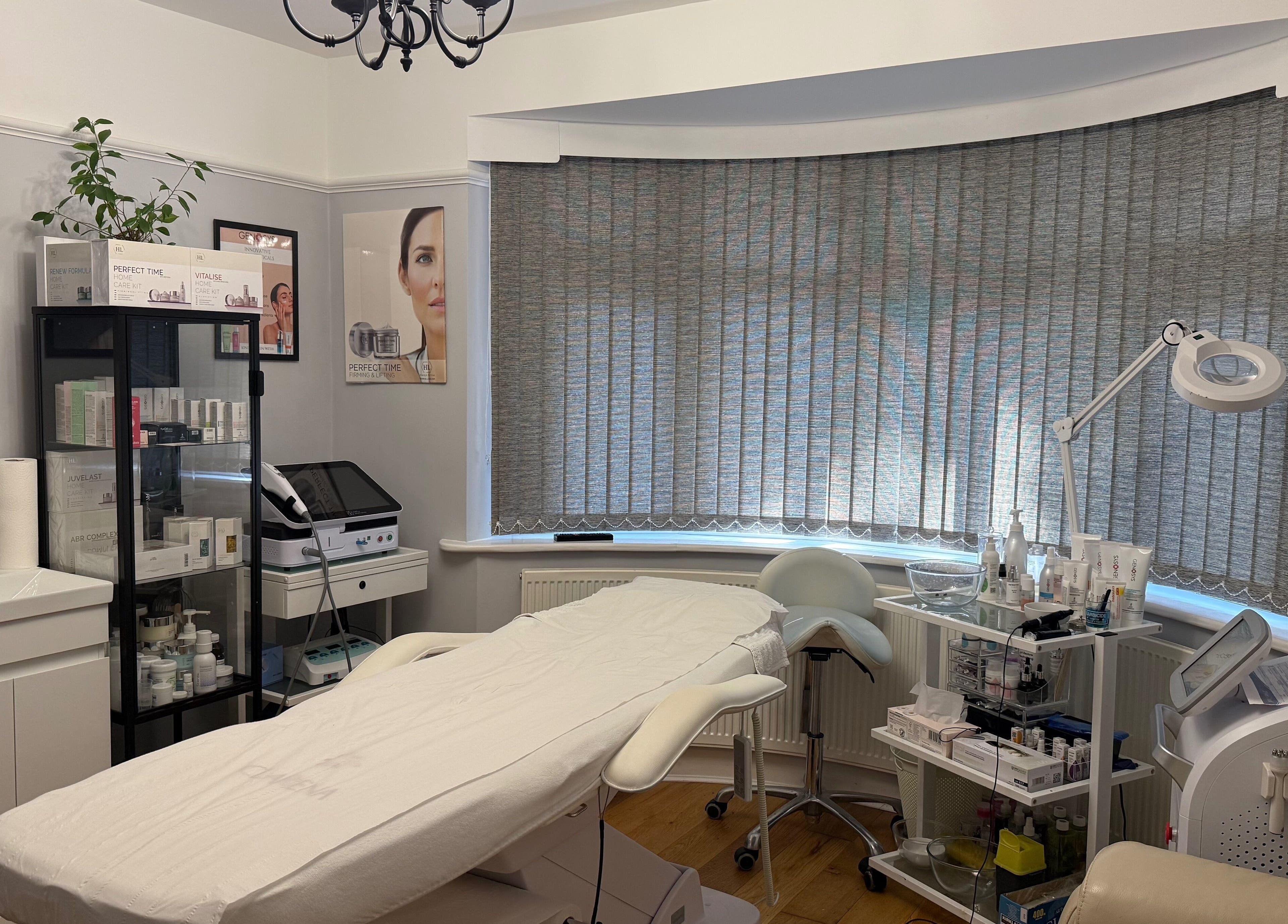 Calm treatment room at Aphrodite Skin Clinic, High Wycombe, England, GB offering beauty and wellness services.