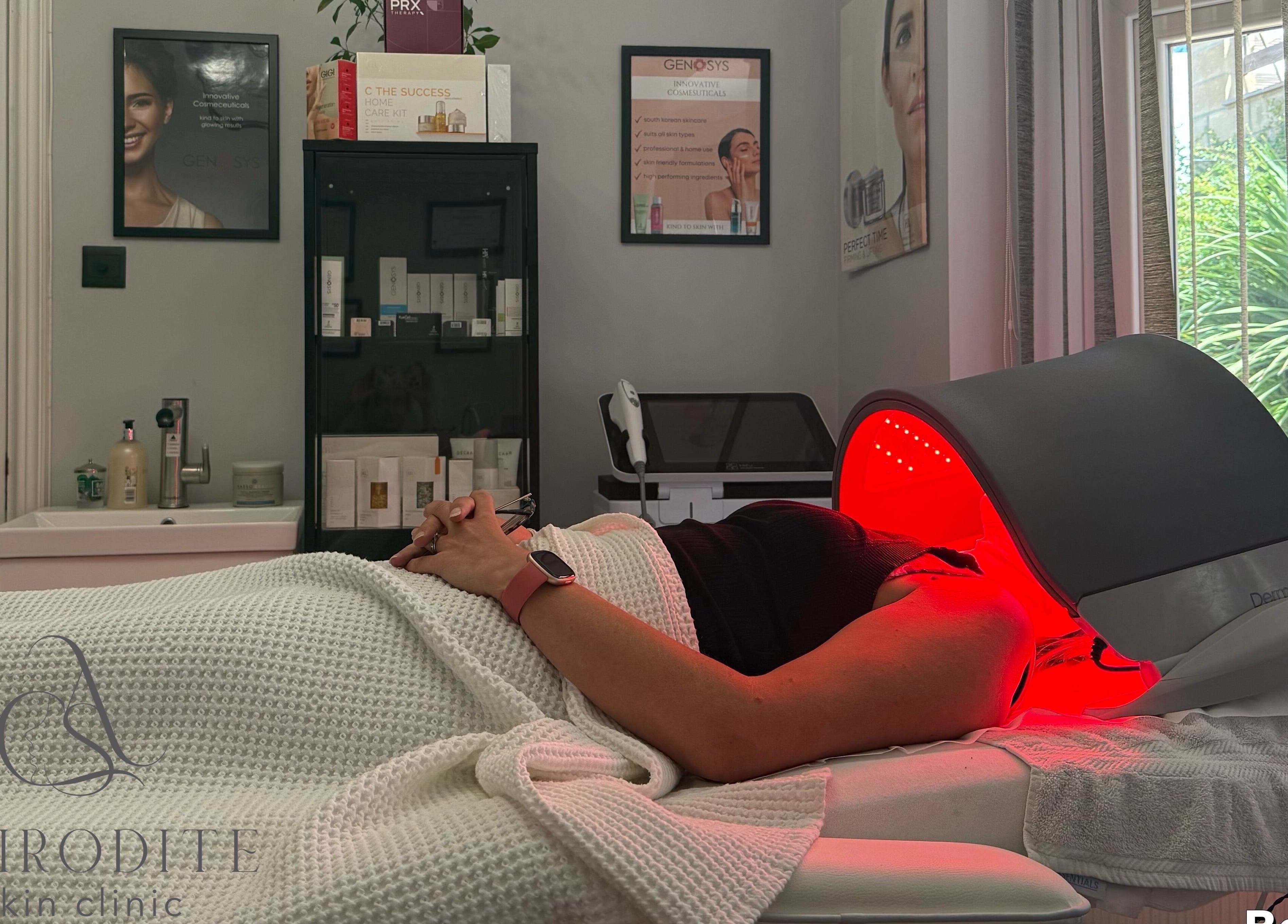 Red light therapy session at Aphrodite Skin Clinic, High Wycombe, England, GB, enhancing skin vitality.