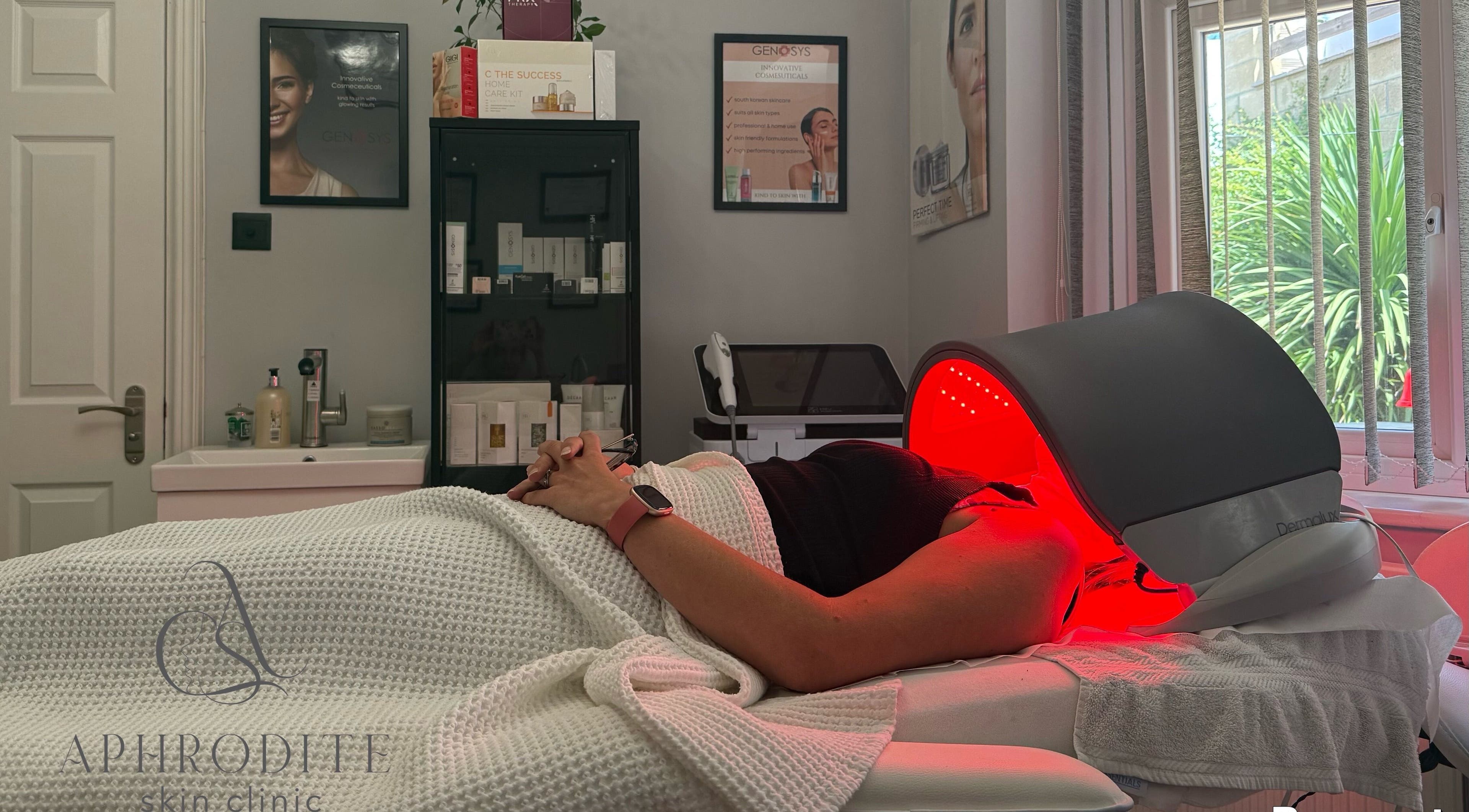 Red light therapy session at Aphrodite Skin Clinic, High Wycombe, England, GB, enhancing skin vitality.