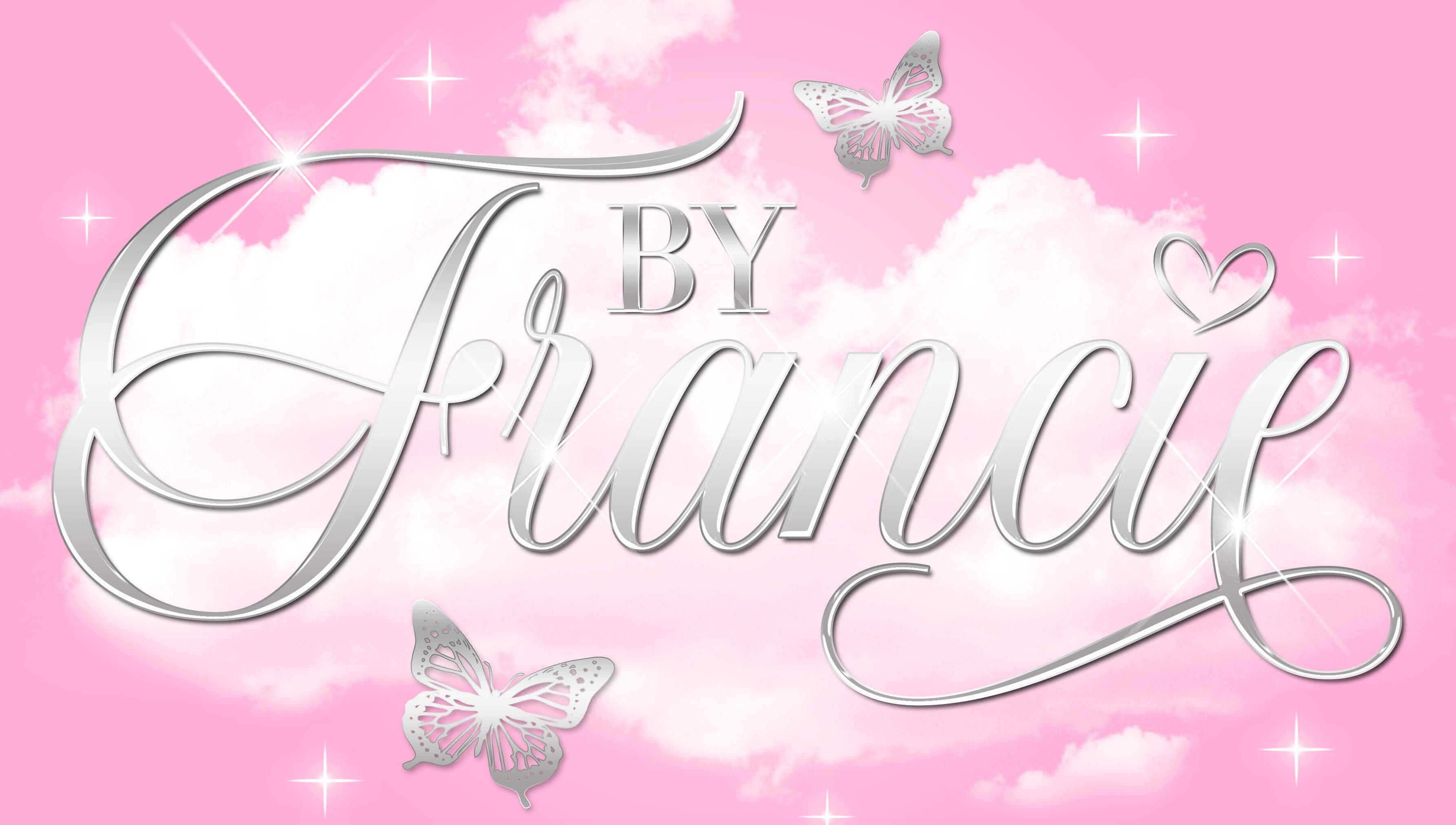 By Francie logo with butterflies and clouds in Colchester, England, GB. Aesthetic pink background.