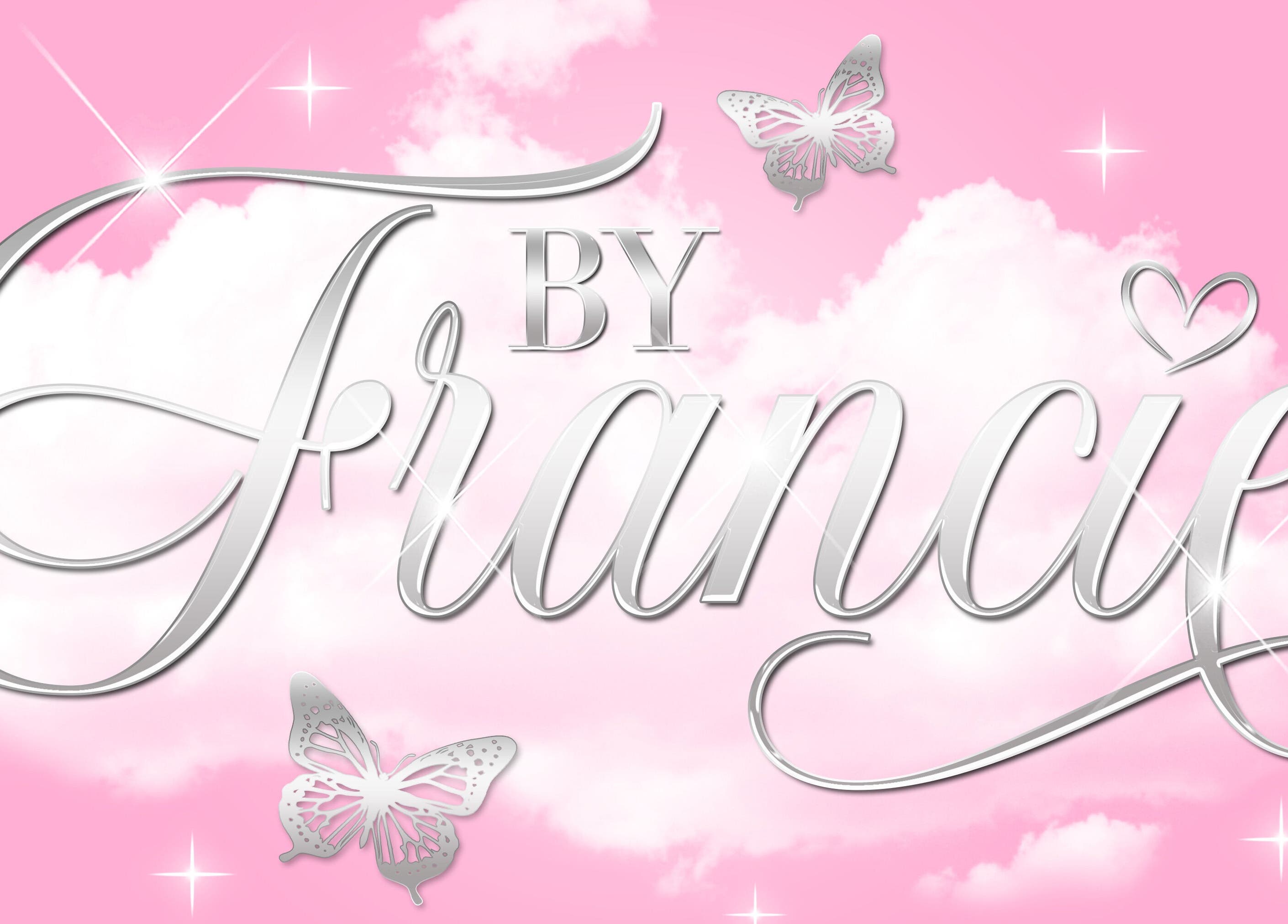 By Francie logo with butterflies and clouds in Colchester, England, GB. Aesthetic pink background.