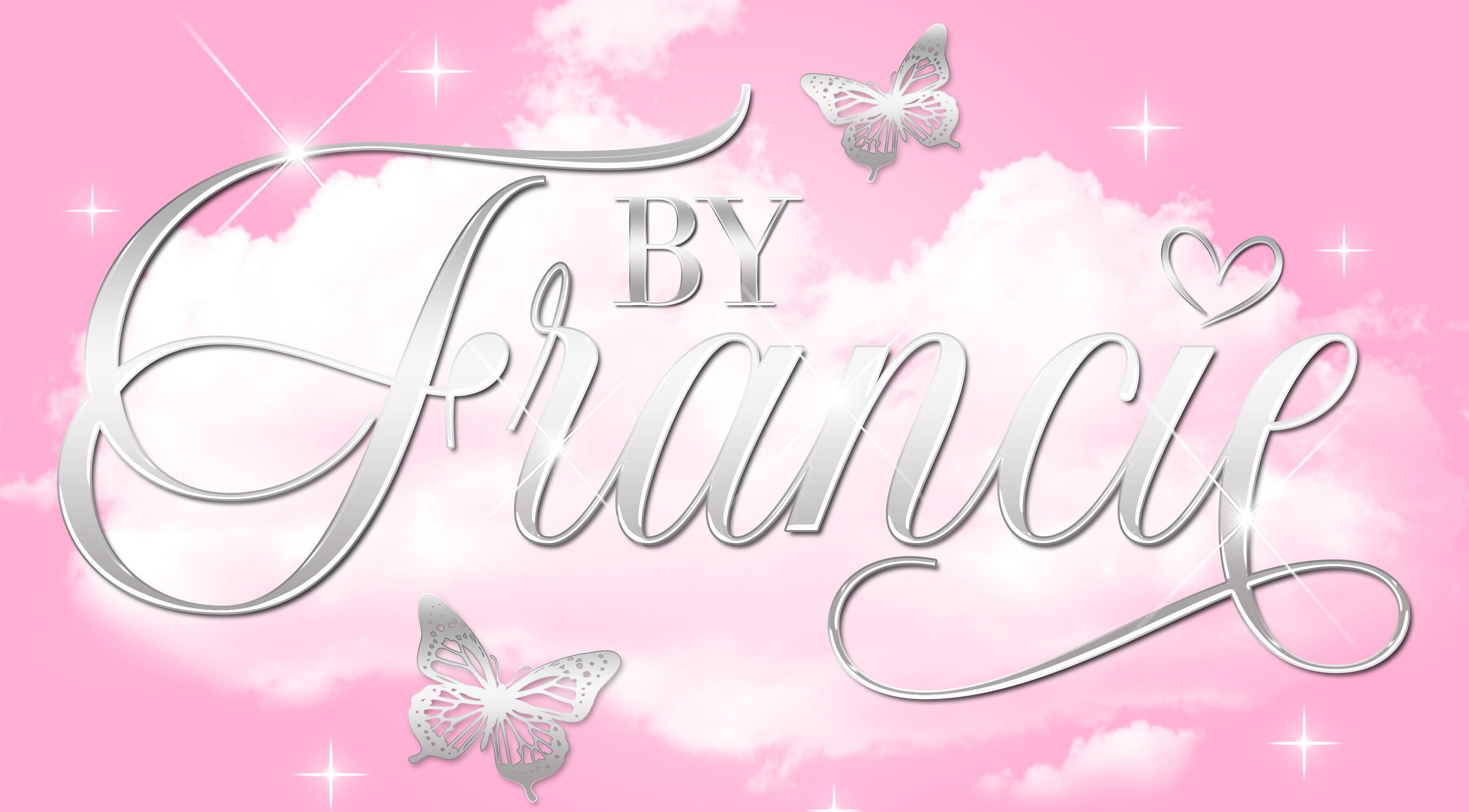 By Francie logo with butterflies and clouds in Colchester, England, GB. Aesthetic pink background.