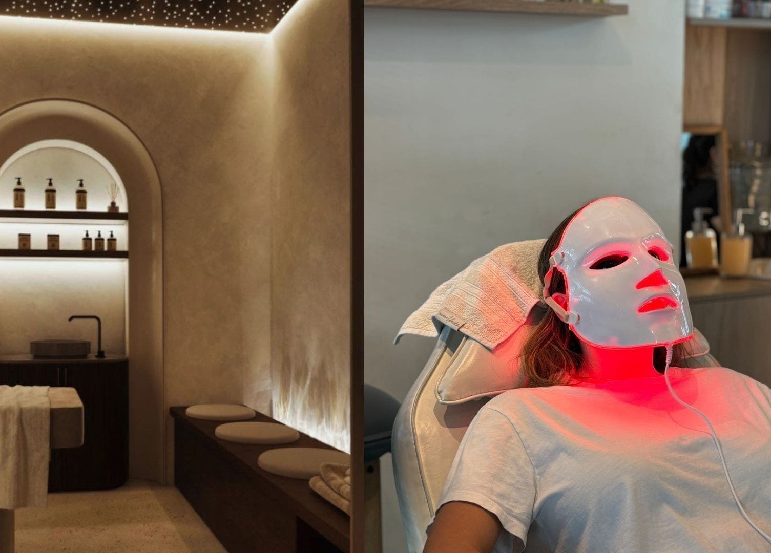 Relaxing spa room and woman with LED facial at Calma Massage Bar, Guayaquil, Guayas, EC.