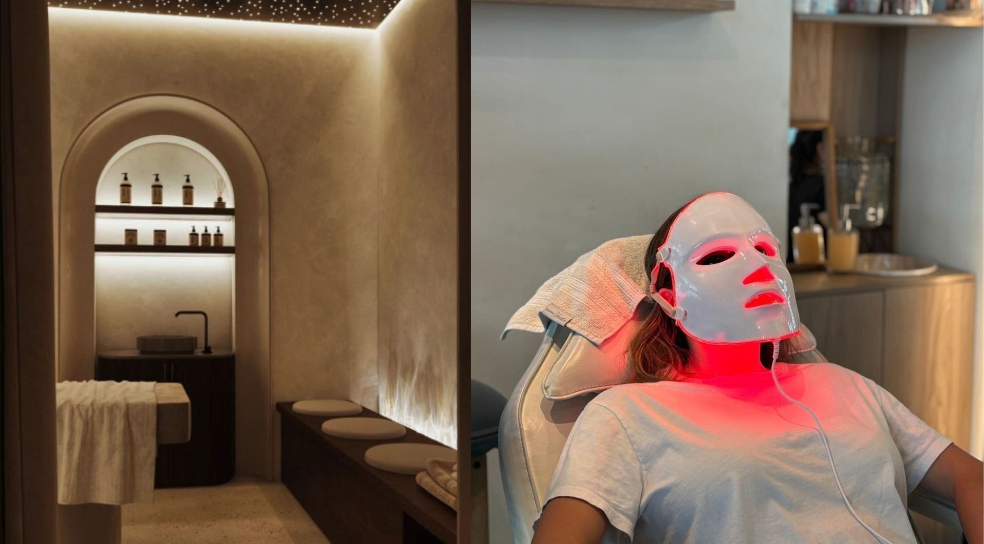 Relaxing spa room and woman with LED facial at Calma Massage Bar, Guayaquil, Guayas, EC.