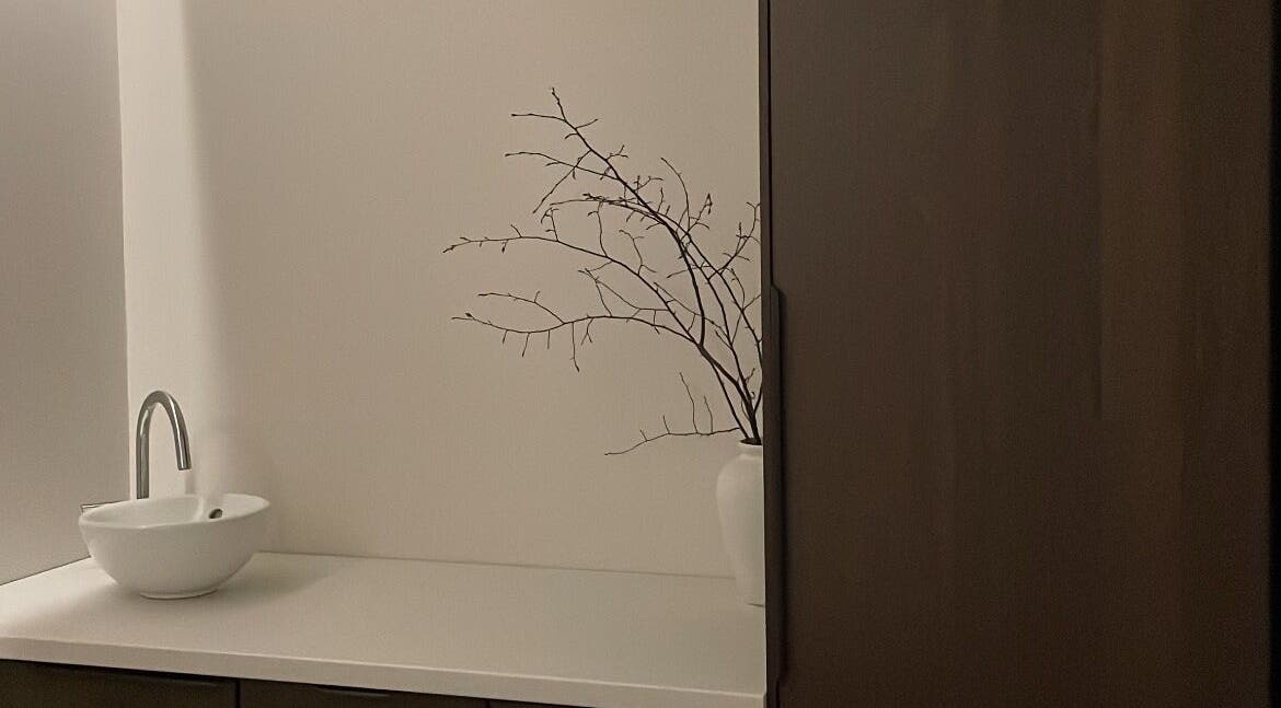 Minimalist sink and vase at Wynter and Co, Newcastle upon Tyne, England, GB for beauty and wellness.