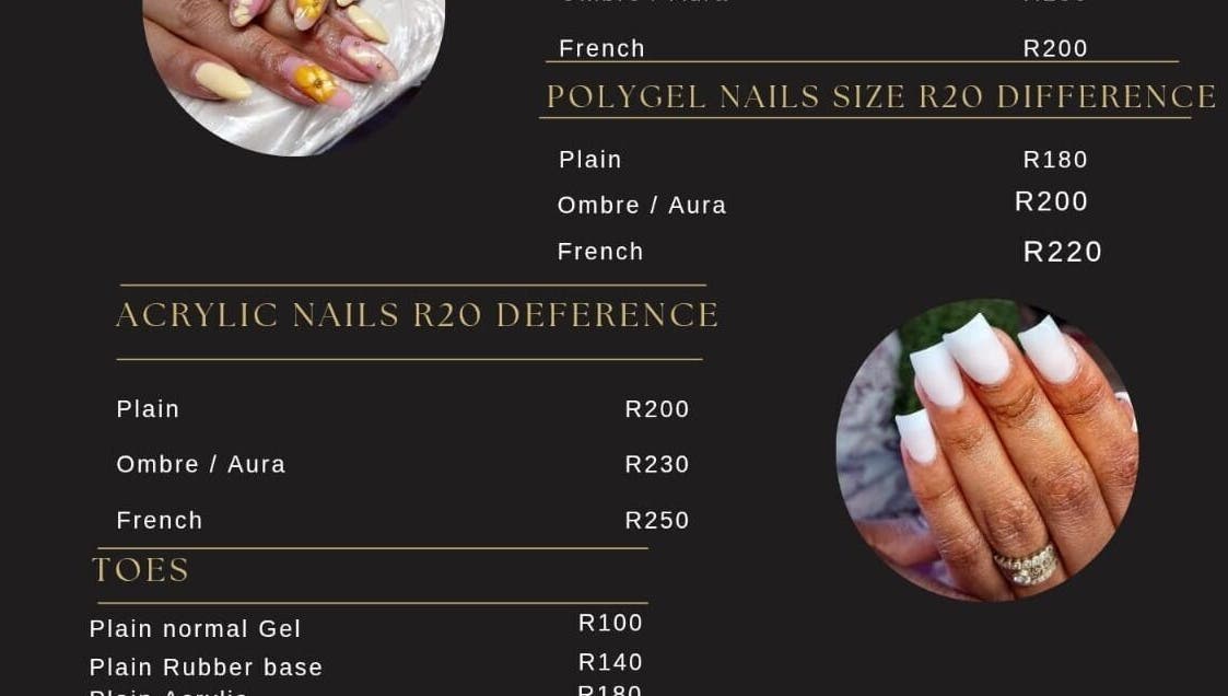 Pricing chart for nail services at PinkyM nails, Ennerdale, Gauteng, ZA displaying vivid designs.