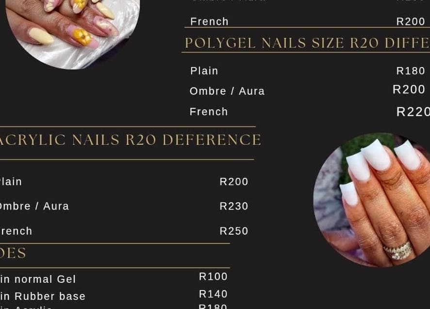 Pricing chart for nail services at PinkyM nails, Ennerdale, Gauteng, ZA displaying vivid designs.