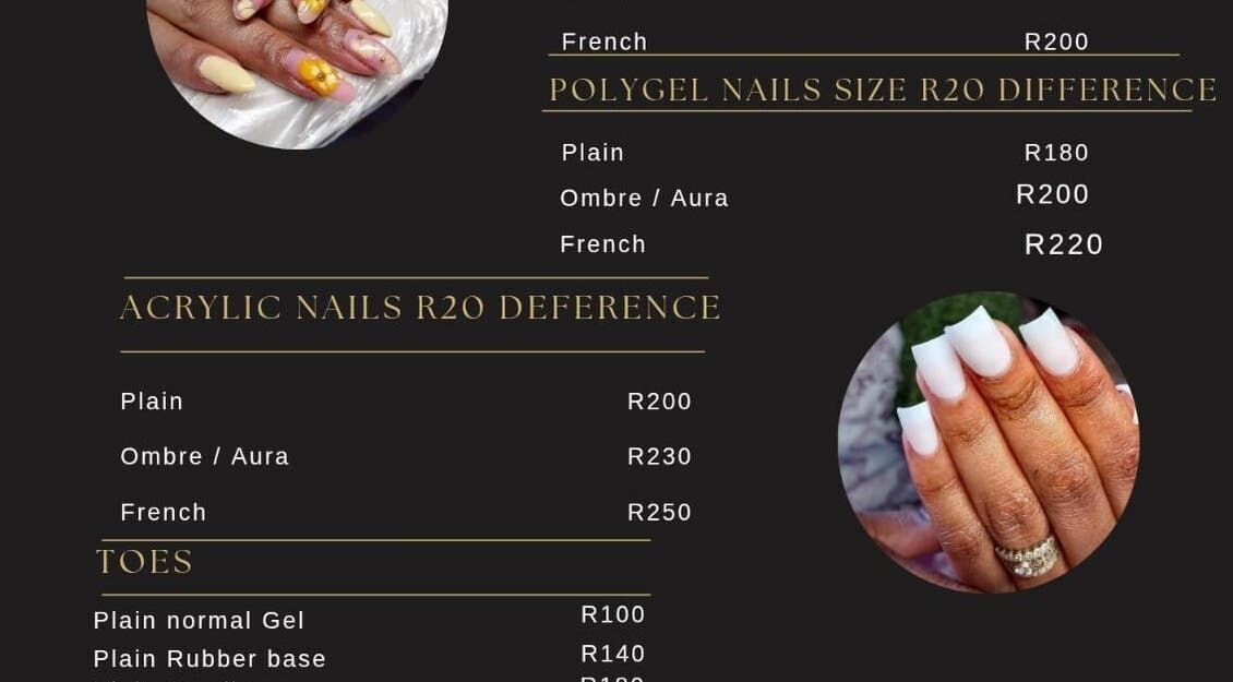 Pricing chart for nail services at PinkyM nails, Ennerdale, Gauteng, ZA displaying vivid designs.