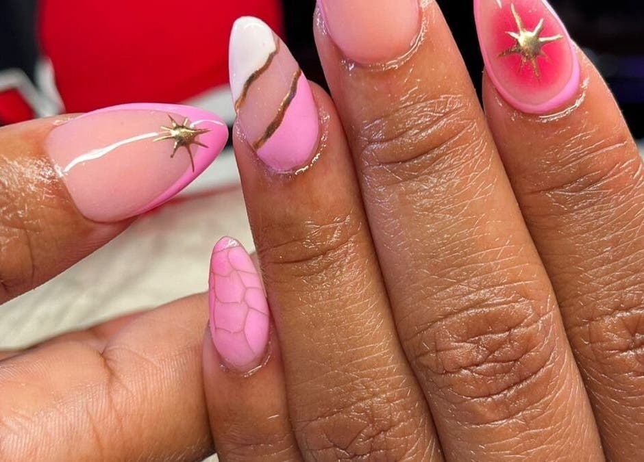 Elegant nail art with pink tones and star design at PinkyM nails, Ennerdale, Gauteng, ZA.