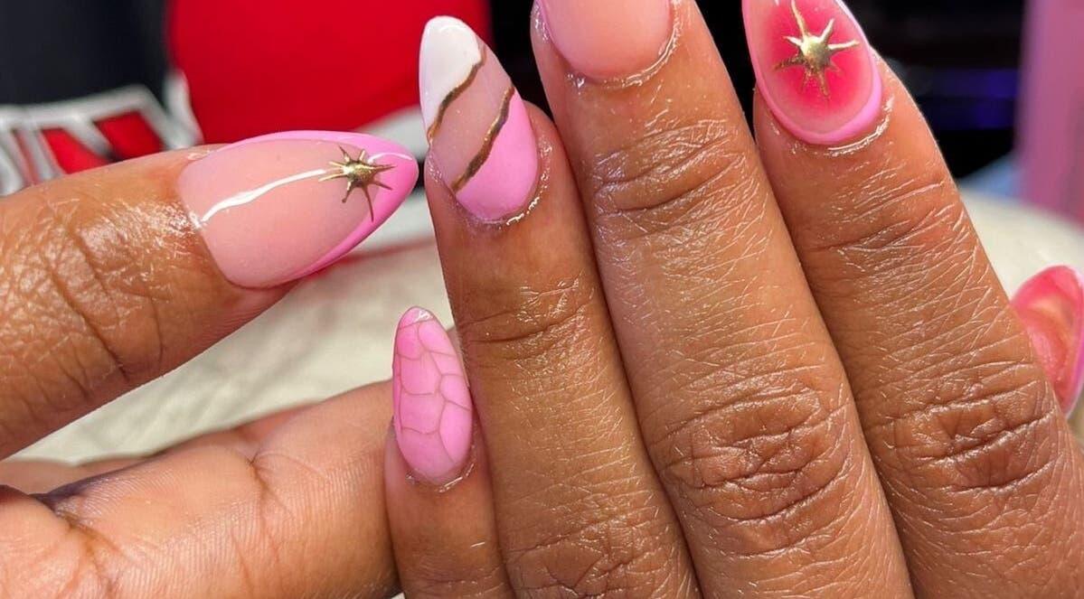 Elegant nail art with pink tones and star design at PinkyM nails, Ennerdale, Gauteng, ZA.