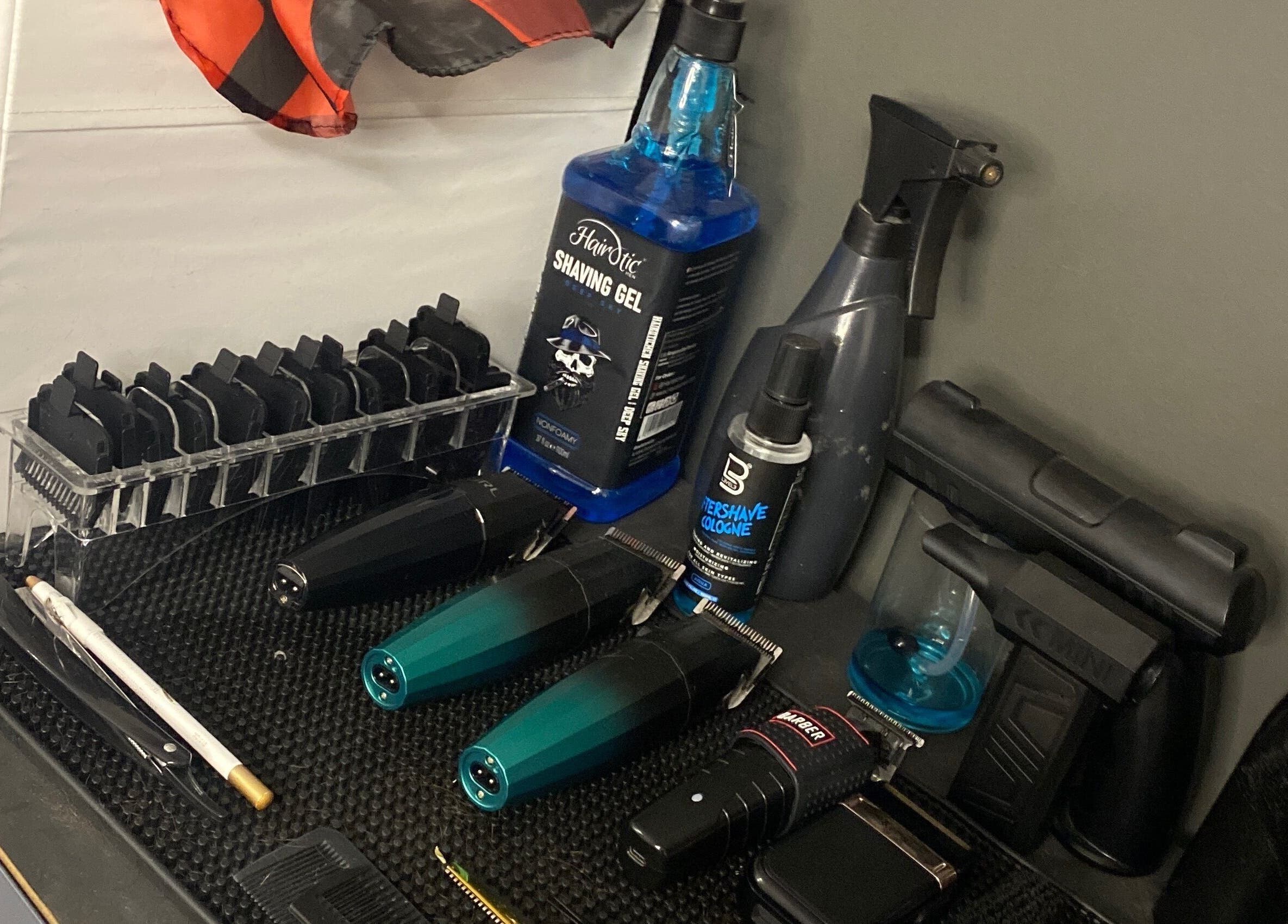Barber tools at Jonyblendz, Strakonice, Jihočeský Kraj, CZ. Clippers and shaving gel neatly arranged.