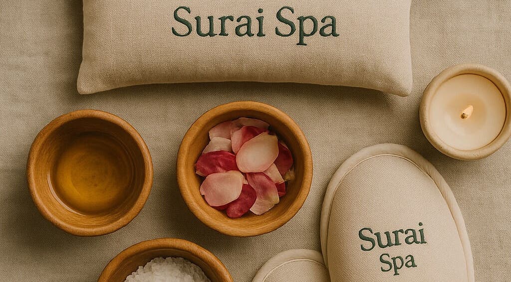 Relaxing ambiance at Surai Spa SA with candle, rose petals, and essential oil.
