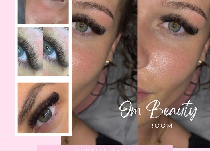 Detailed eyelash extensions at OM Beauty Room, Bagshot, England enhance natural beauty with precision.