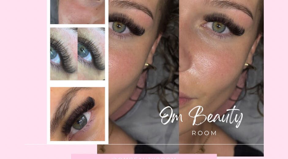 Detailed eyelash extensions at OM Beauty Room, Bagshot, England enhance natural beauty with precision.