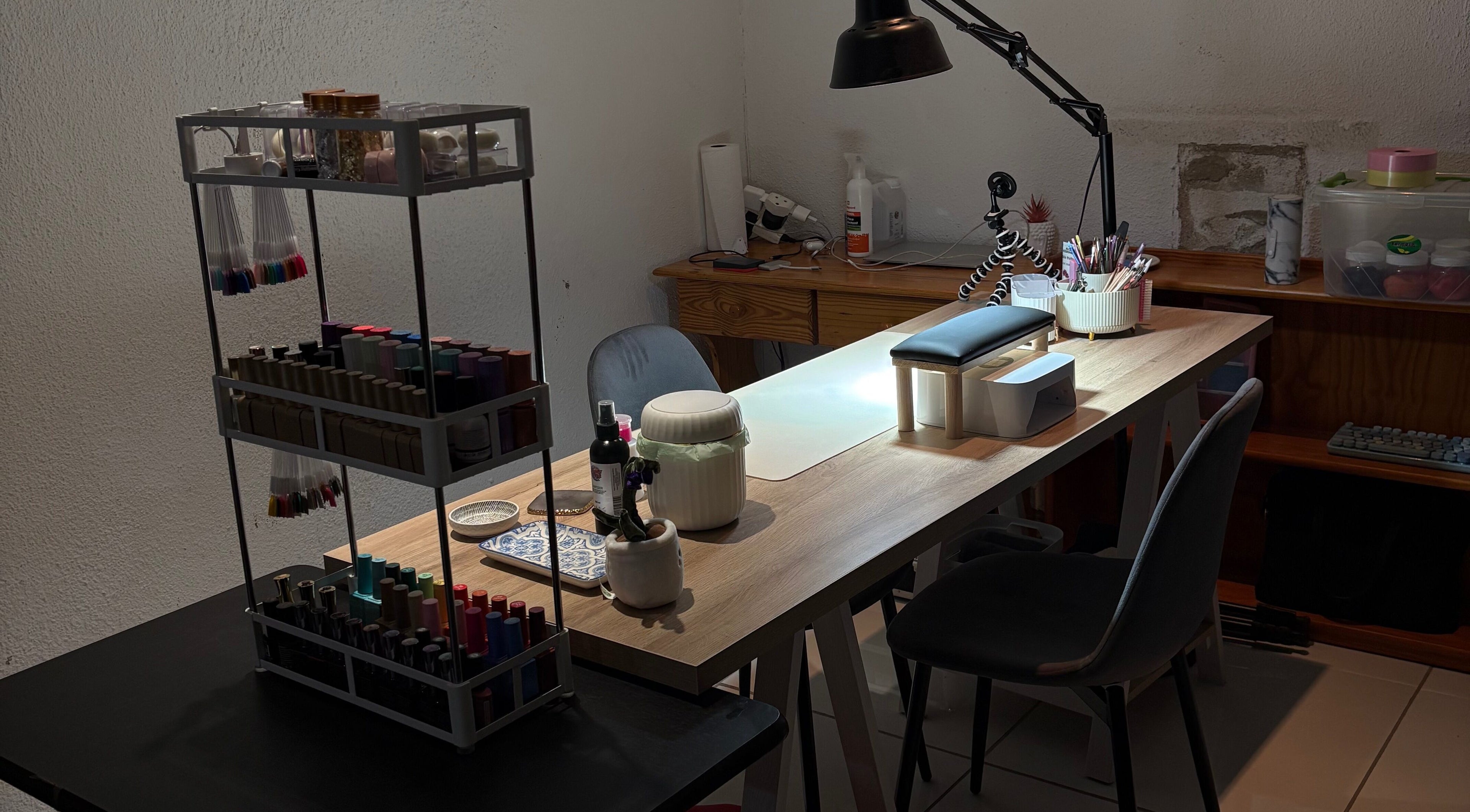 Cherry Cosmetics nail station in Krugersdorp, Gauteng, ZA with tools and polish display.