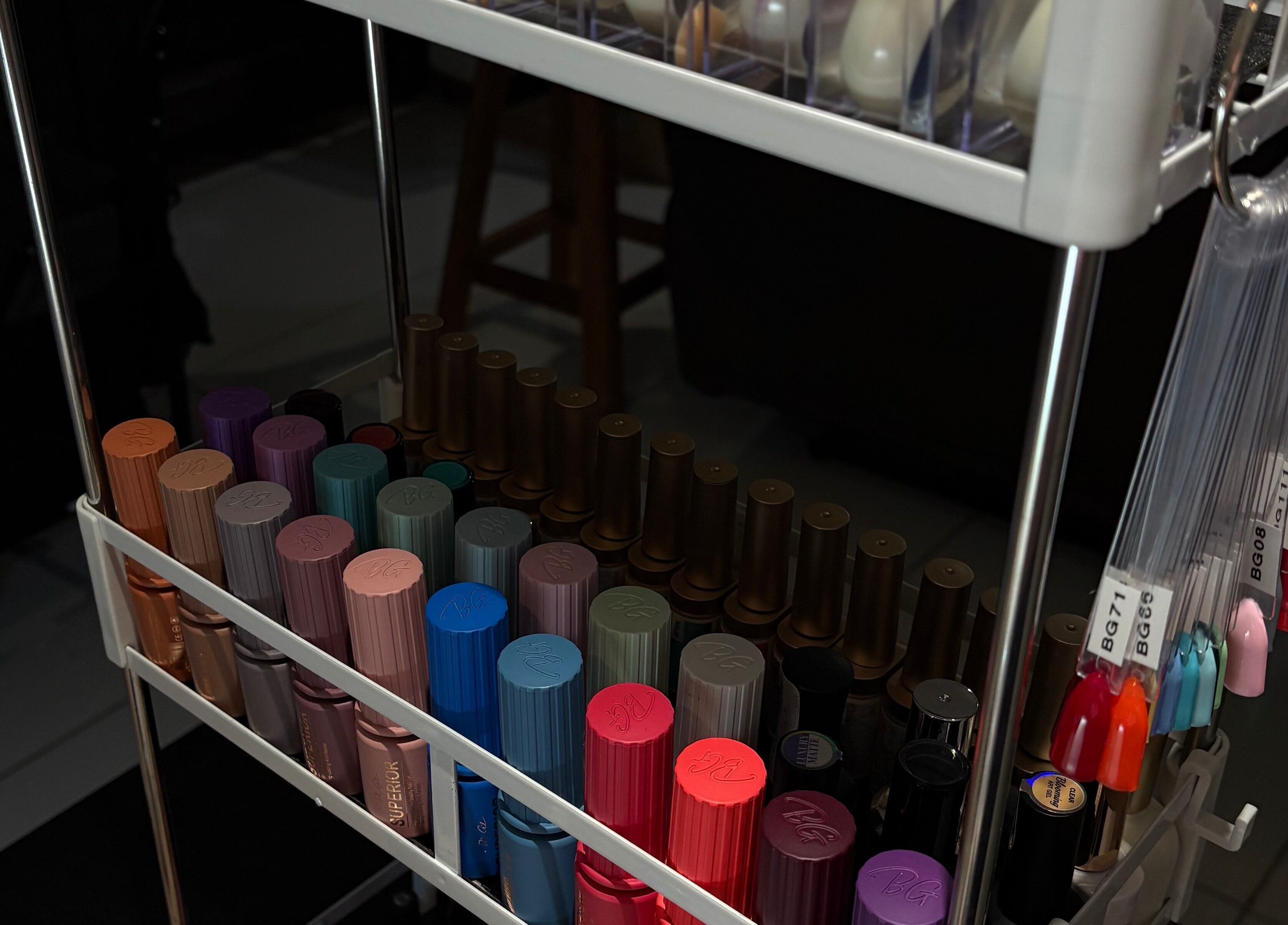 Colorful nail polish display at Cherry Cosmetics, Krugersdorp, Gauteng, ZA salon.