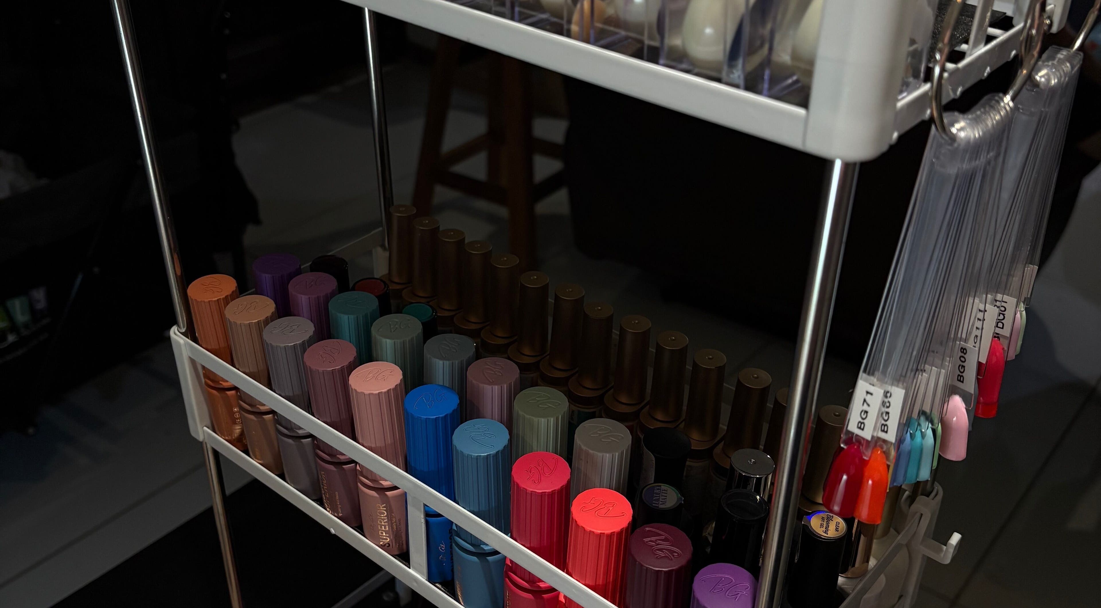 Colorful nail polish display at Cherry Cosmetics, Krugersdorp, Gauteng, ZA salon.