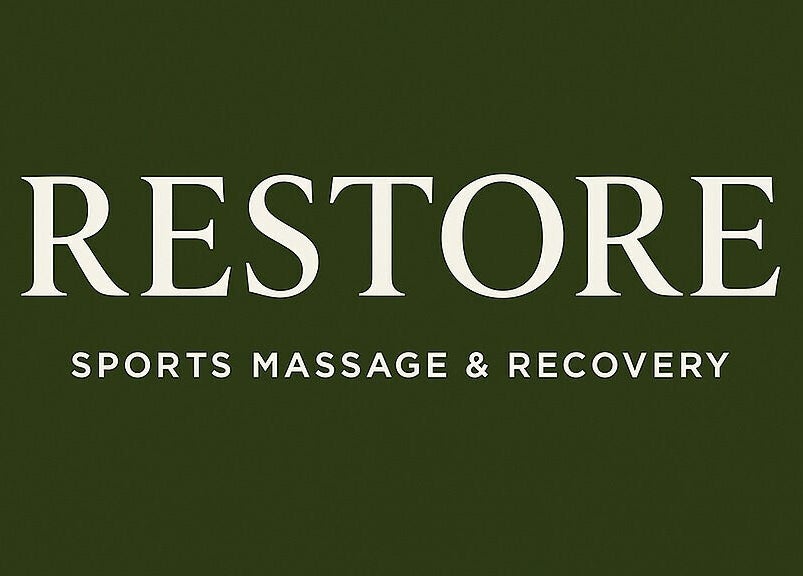 Restore Sports Massage & Recovery logo on green background, Letterston, Wales, GB.