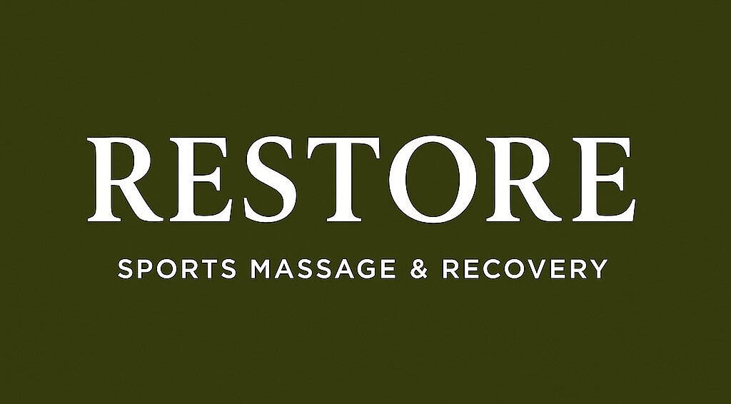 Restore Sports Massage & Recovery logo on dark background, Letterston, Wales, GB.