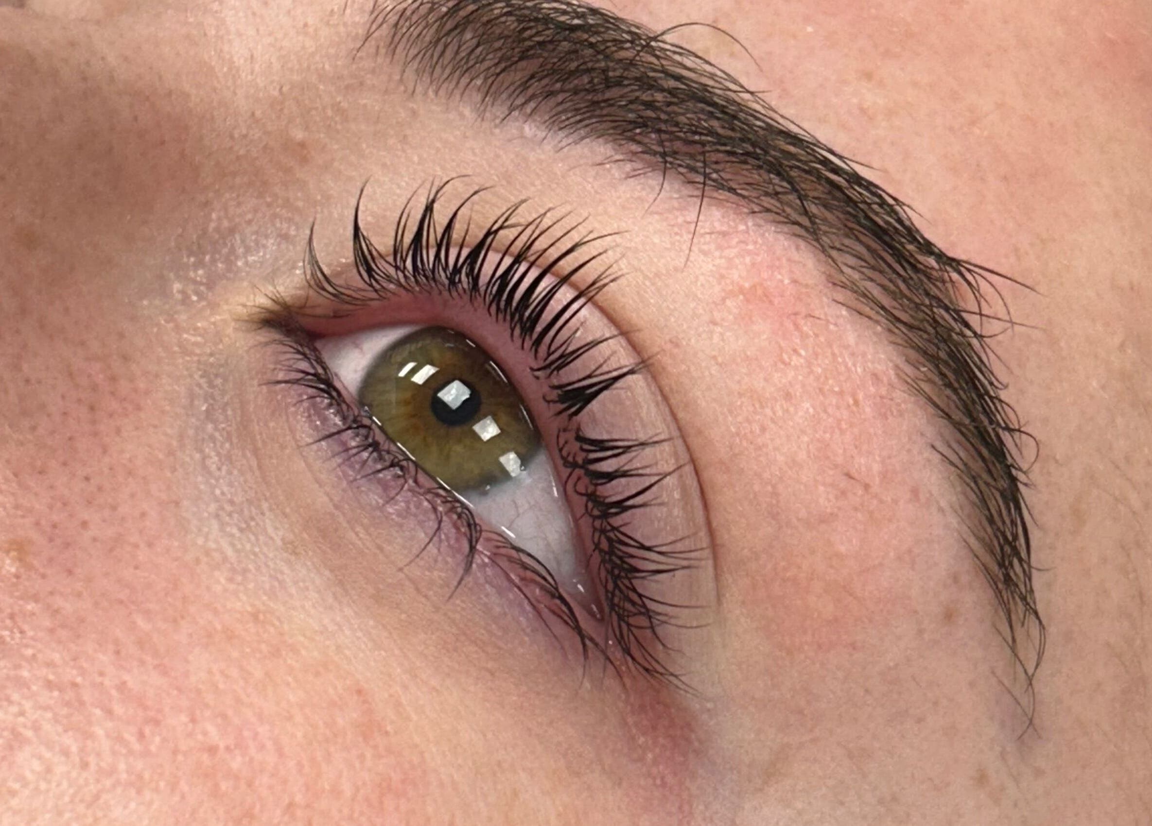 Closeup of a perfectly groomed eyebrow and lashes at Livs Brow Studio, Earlswood, England, GB.