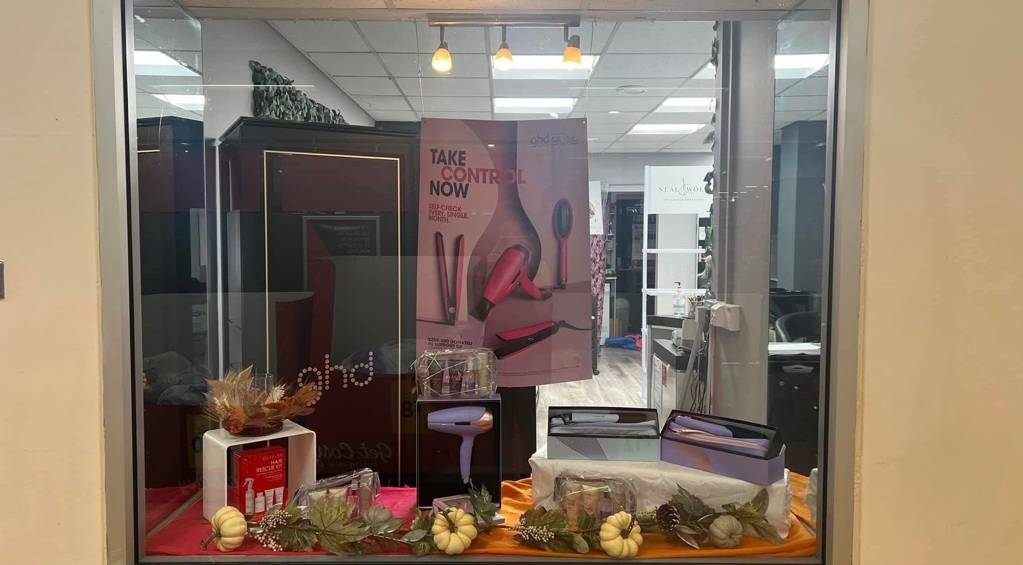 Window display with beauty tools at Nurture & Nails by Kati, Darlington, England, GB.