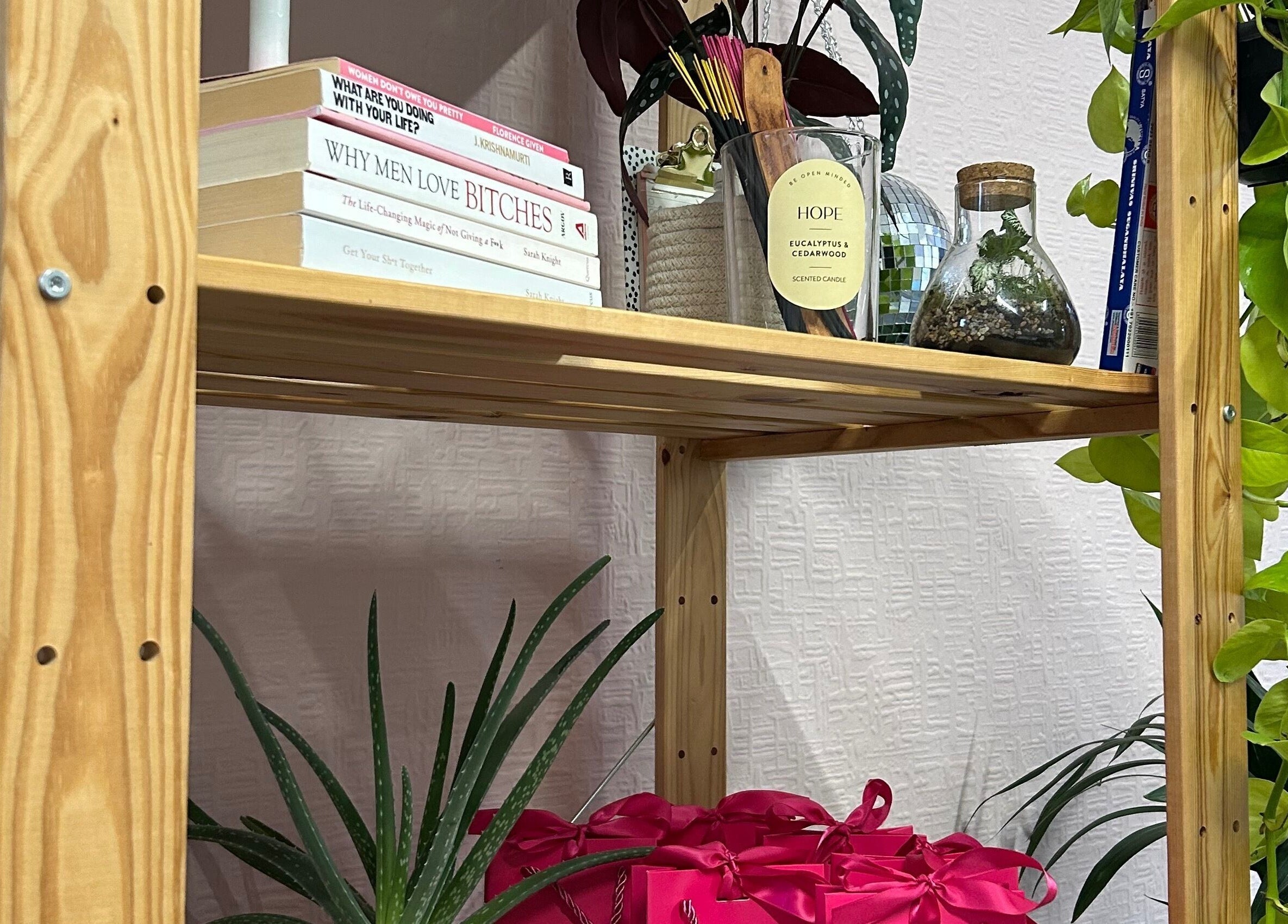 Wooden shelf at By Ianthe in Melton Mowbray, England, GB, adorned with books, plants, and a candle.