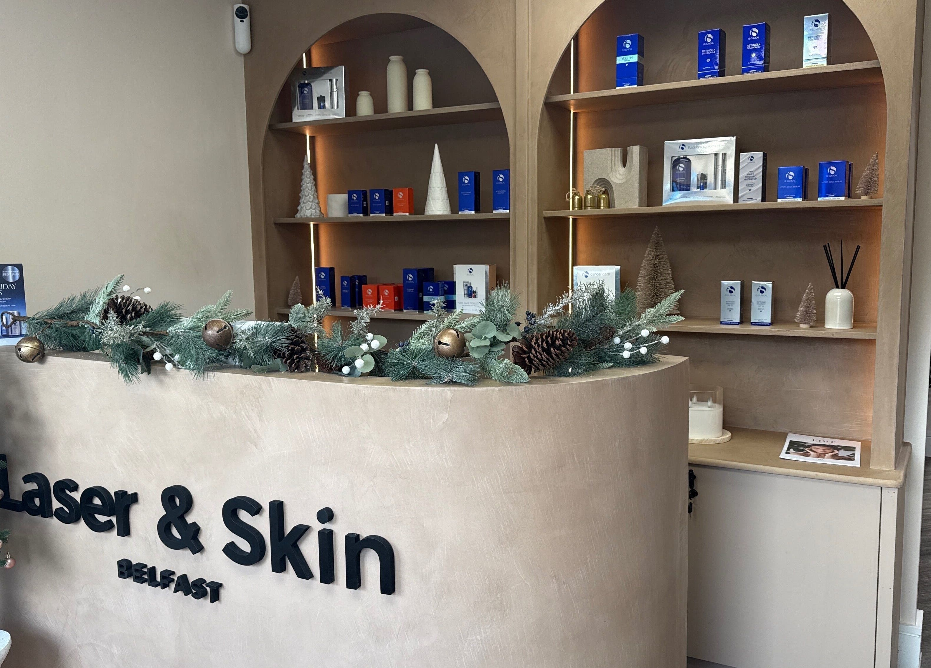 Festive reception at Laser & Skin Belfast, featuring holiday decor in Belfast, Northern Ireland, GB.